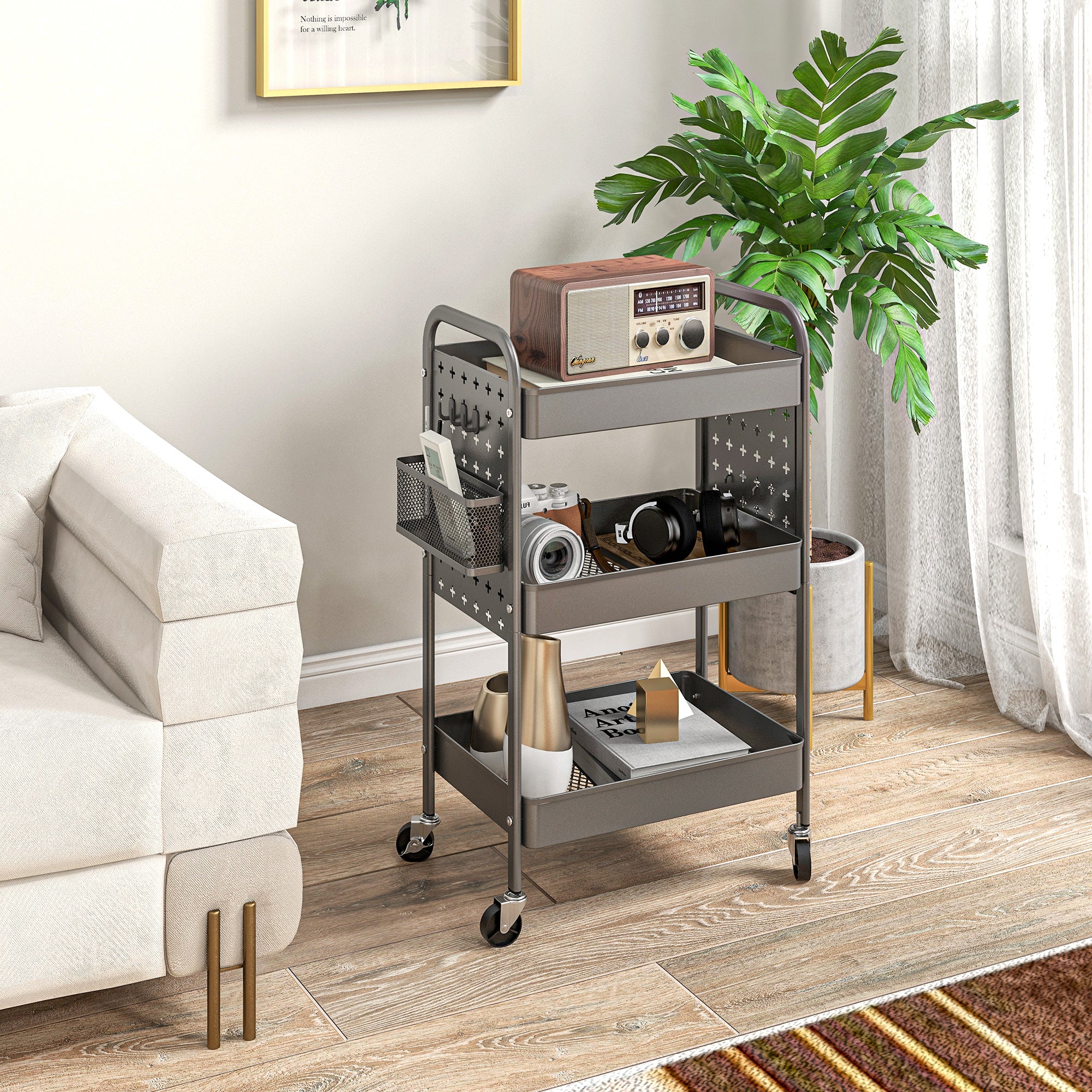 Rolling Cart, Serving Cart with 3 Tiers, 2 Hanging Baskets, Storage Cart with Handle, Kitchen Cart, Utility Cart for Kitchen, Living Room, Steel, Dark Grey