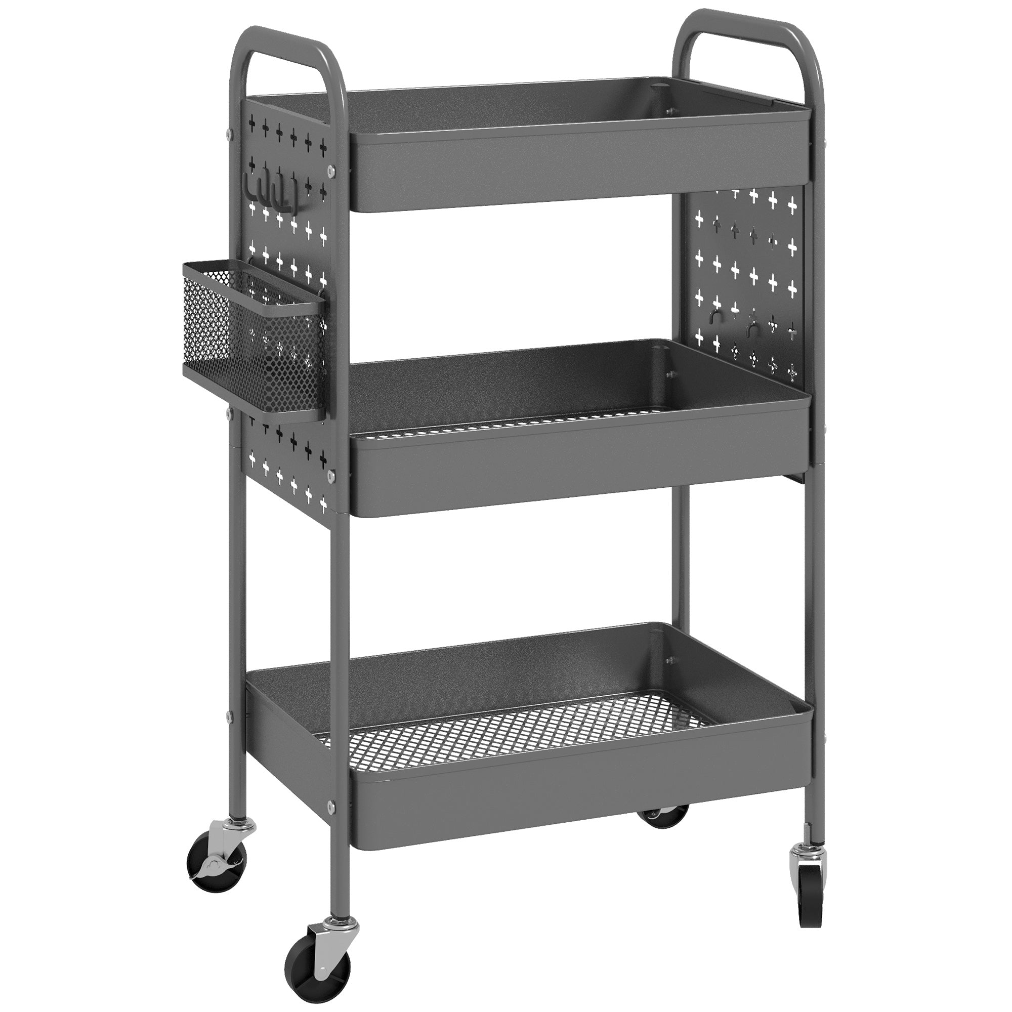 Rolling Cart, Serving Cart with 3 Tiers, 2 Hanging Baskets, Storage Cart with Handle, Kitchen Cart, Utility Cart for Kitchen, Living Room, Steel, Dark Grey
