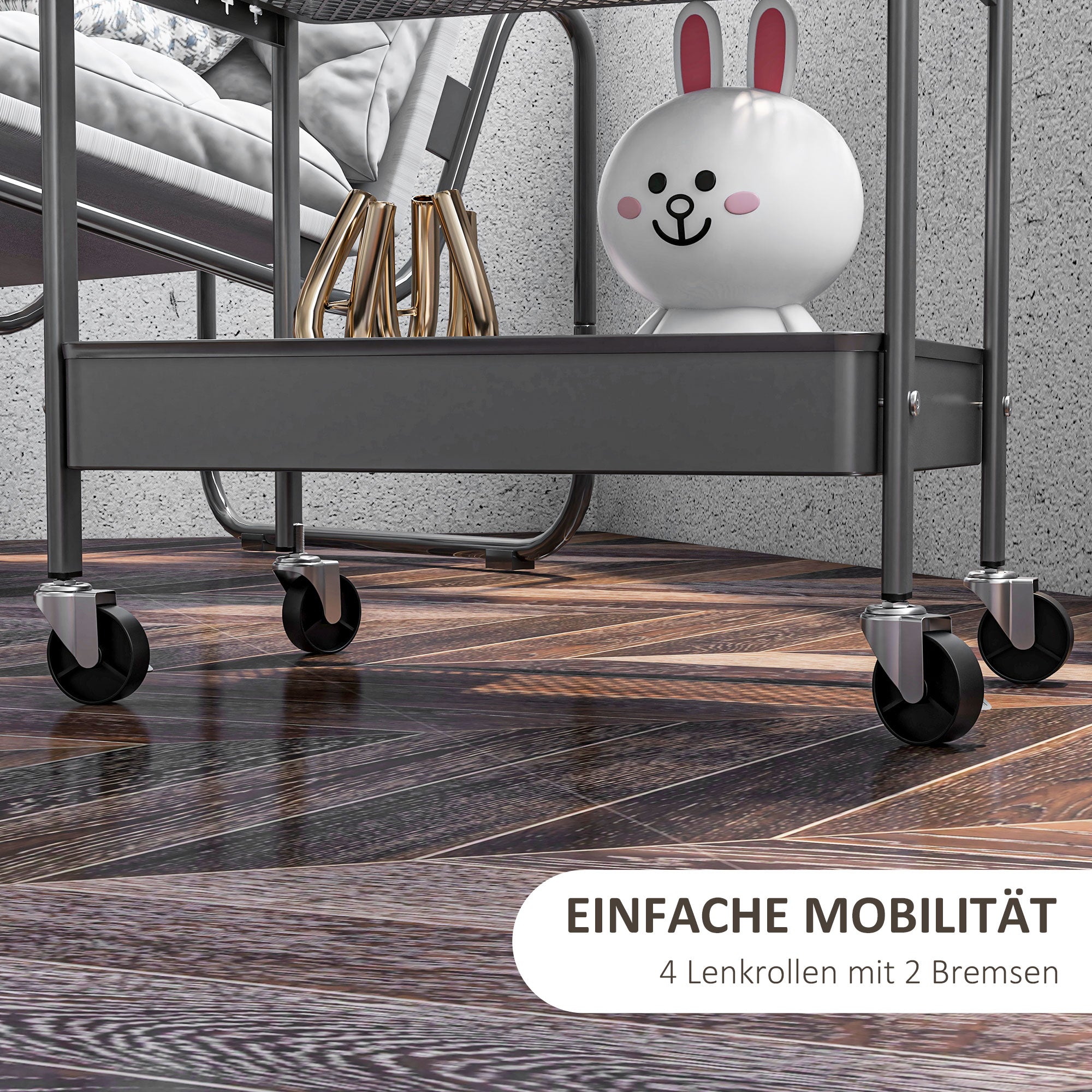 Rolling Cart, Serving Cart with 3 Tiers, 2 Hanging Baskets, Storage Cart with Handle, Kitchen Cart, Utility Cart for Kitchen, Living Room, Steel, Dark Grey