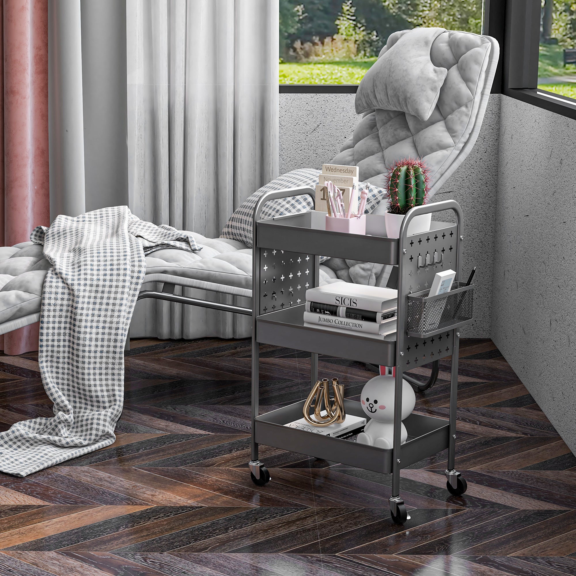 Rolling Cart, Serving Cart with 3 Tiers, 2 Hanging Baskets, Storage Cart with Handle, Kitchen Cart, Utility Cart for Kitchen, Living Room, Steel, Dark Grey