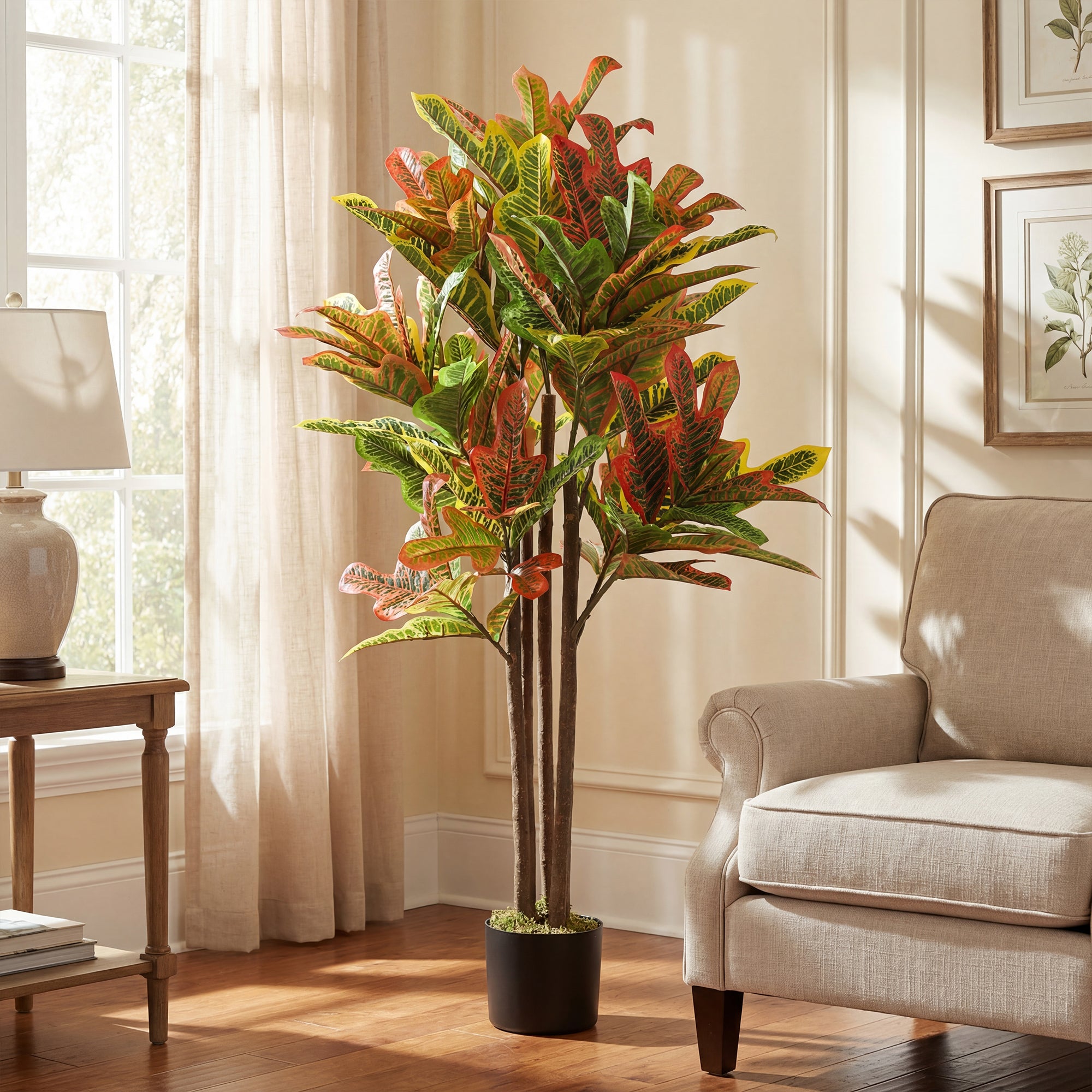 47.2 in (120 cm) Artificial Croton Plant with Real Wood Trunk and Pot — Multicolor Indoor Decorative Plant for Home, Office, Living Room