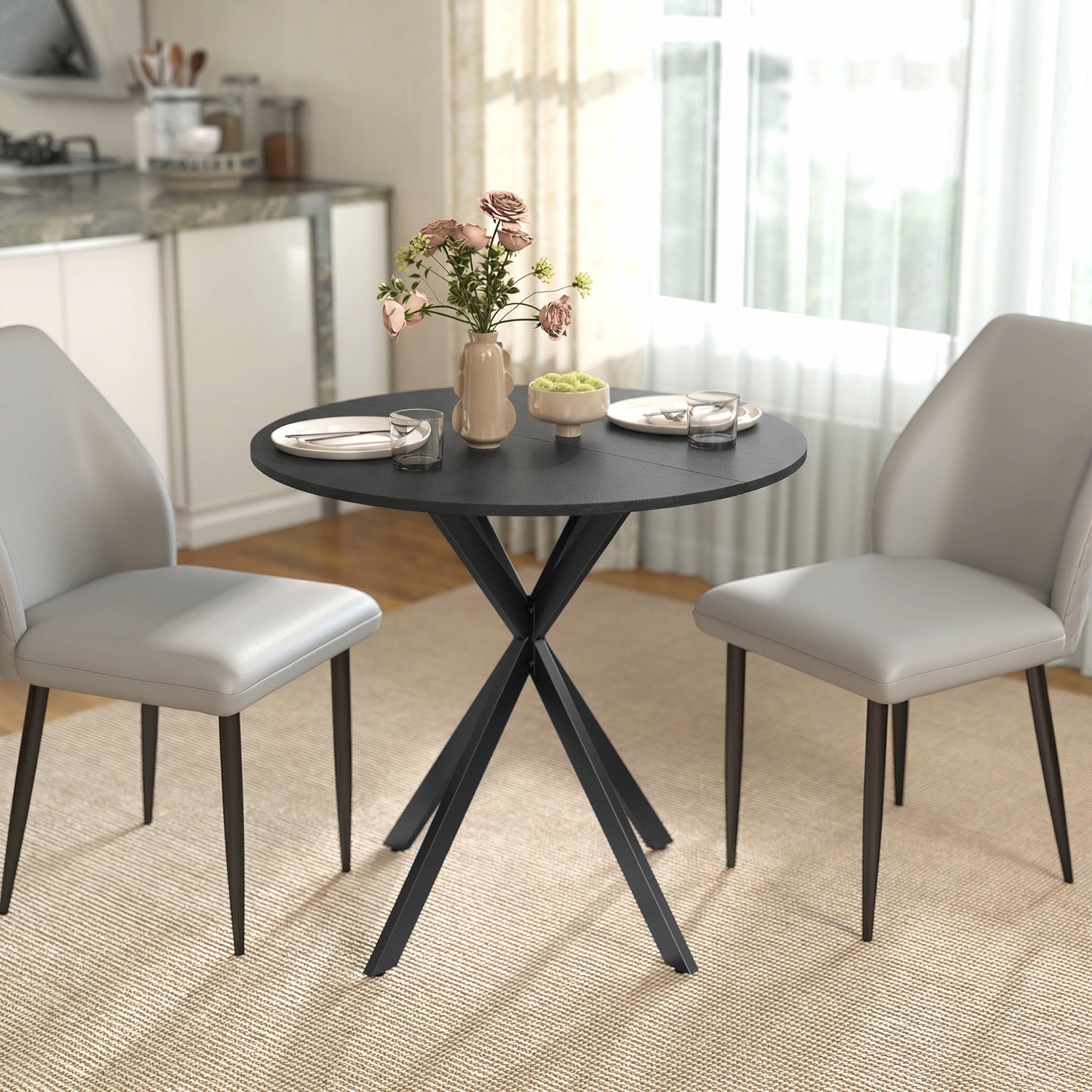 Round 31.5 in Industrial Dining Table with Steel X-Legs, 2-Person Kitchen Table, Black