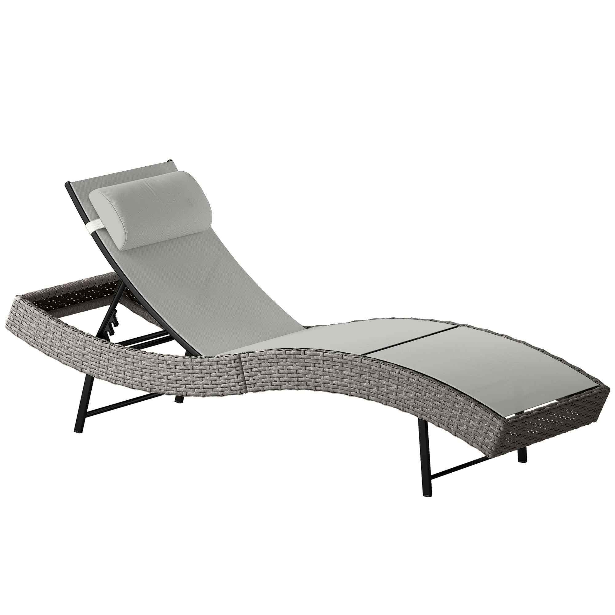 S-Shape Poly Rattan Sun Lounger — 5-Position Adjustable Recliner with Headrest, Breathable UV-Resistant Mesh, Weatherproof Outdoor Rattan Chaise — Light Gray