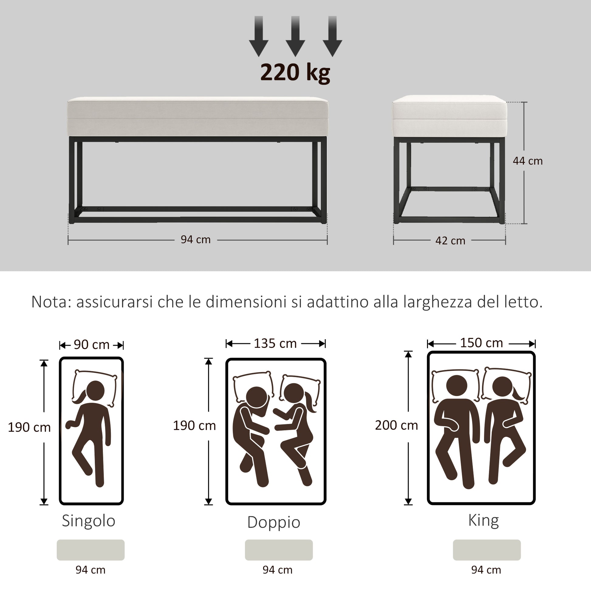 Modern and Minimalist Entryway Bench with Adjustable Legs, Upholstered Bedroom Bench in Velvet Fabric and Steel, 94x42x44 cm, Cream