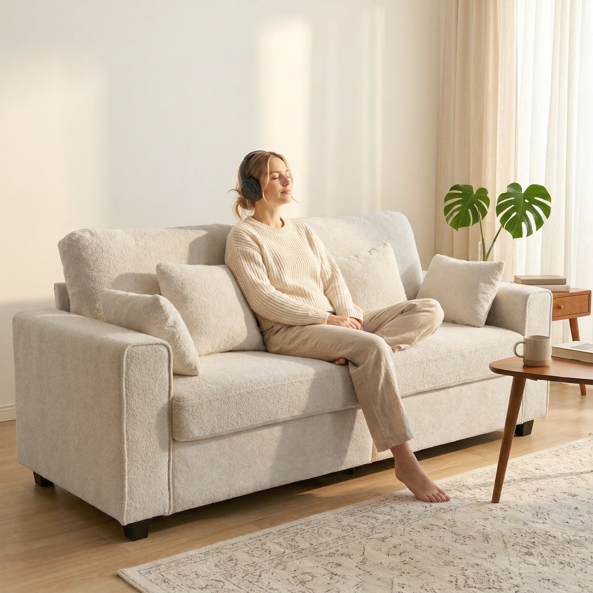 3-Seater Deep-Seat Sofa, 83.3 in Wide Velvet-Look Upholstered Couch with 4 Cushions, Beige