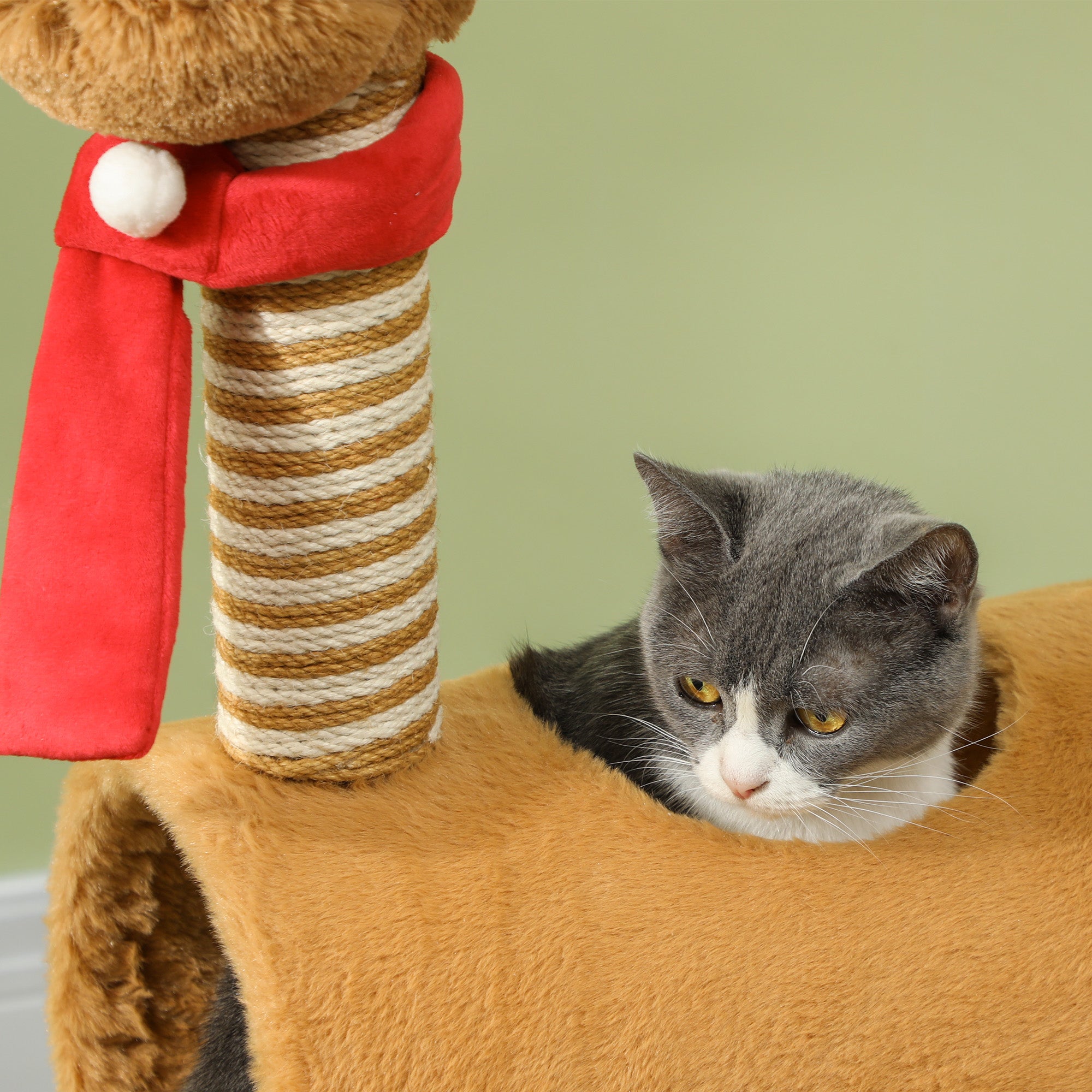 98cm Cat Tree Cat Tower in Deer Design, with Cave, Play Ball, Jute Stems, Cat Scratching Post, Climbing Tree, for Medium-sized Cats, Brown