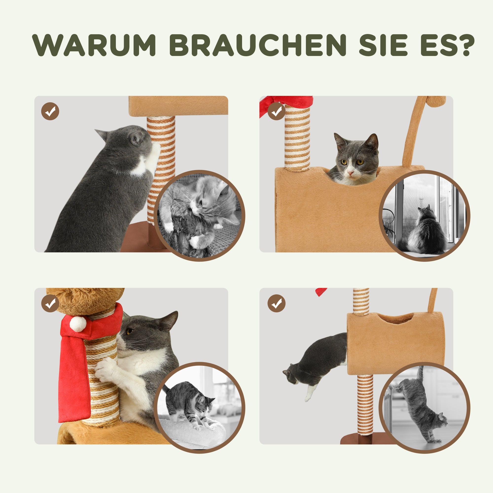 98cm Cat Tree Cat Tower in Deer Design, with Cave, Play Ball, Jute Stems, Cat Scratching Post, Climbing Tree, for Medium-sized Cats, Brown