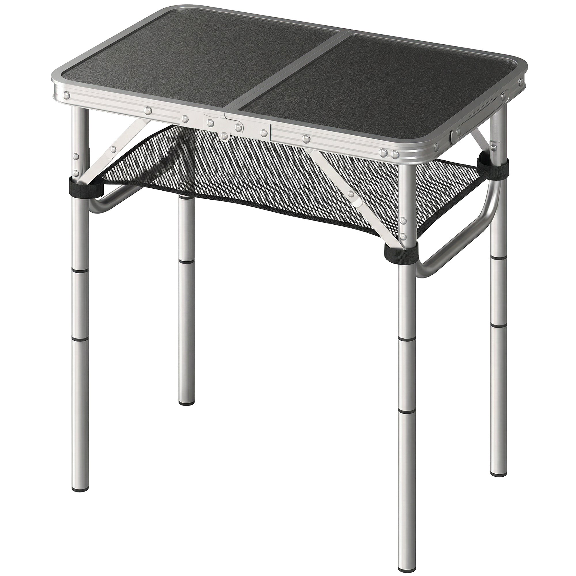 Folding Aluminum Camping Table, Rectangular 23.6 x 15.7 x 23.6 in, Carry Handle, 4 Adjustable Heights, Mesh Storage — Black