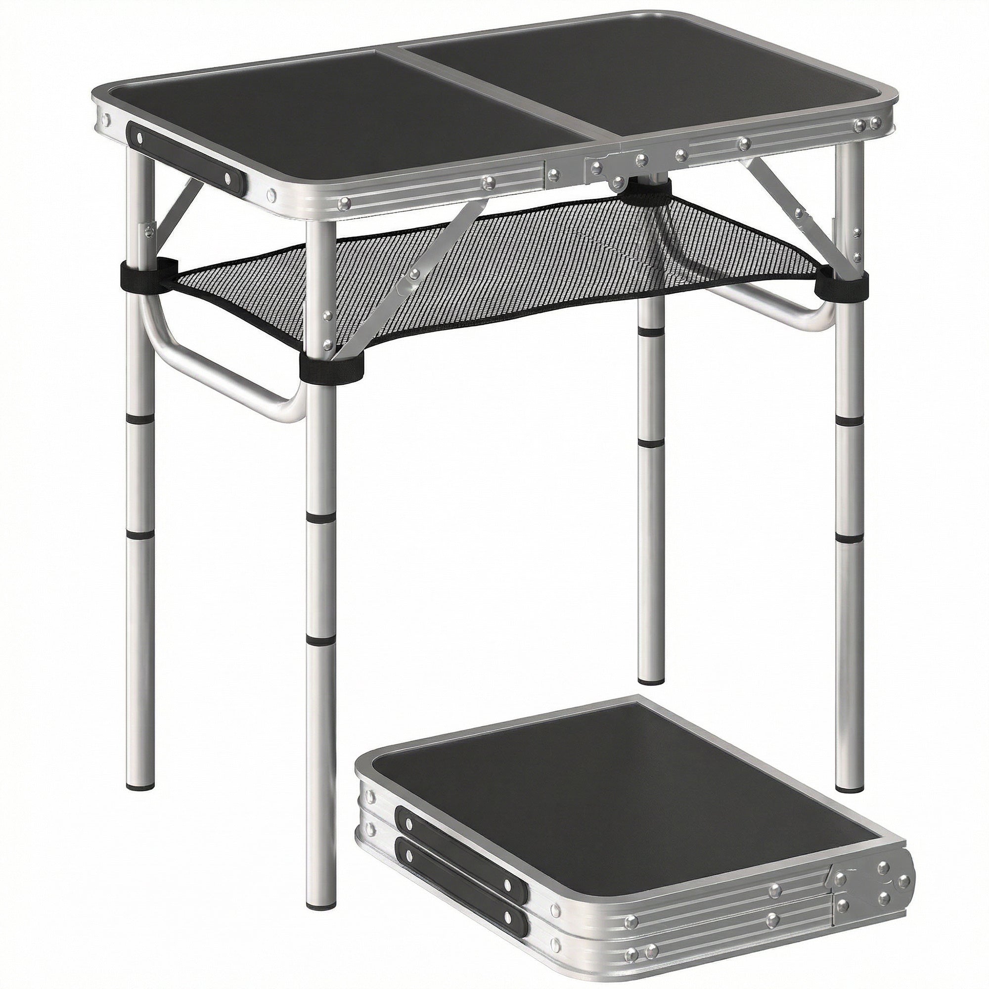 Folding Aluminum Camping Table, Rectangular 23.6 x 15.7 x 23.6 in, Carry Handle, 4 Adjustable Heights, Mesh Storage — Black