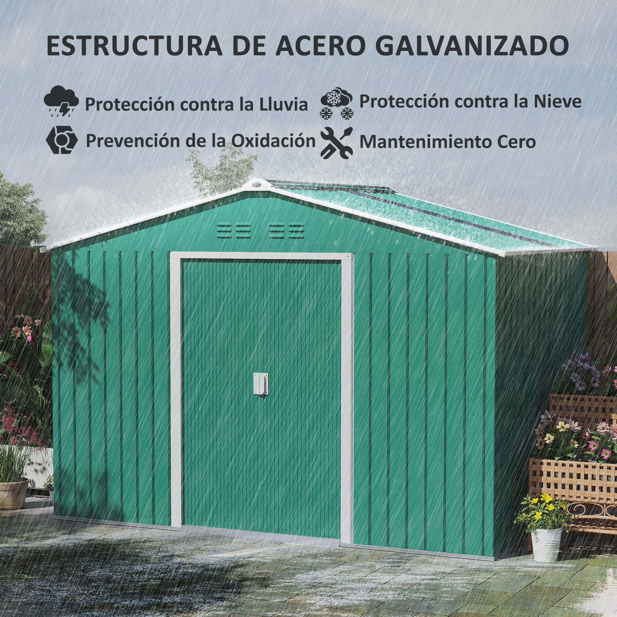 Garden Shed Exterior 4.9 m² 277x195x192 cm Outdoor Garden Storage Shed with Sliding Door Fiberglass Roof Reinforcement Base (Floor NOT Included) and 4 Windows Green
