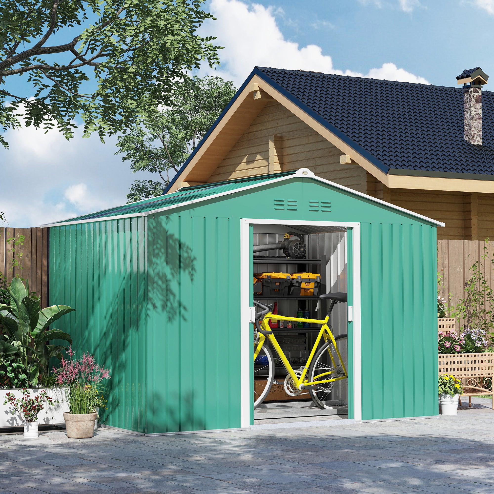 Garden Shed Exterior 4.9 m² 277x195x192 cm Outdoor Garden Storage Shed with Sliding Door Fiberglass Roof Reinforcement Base (Floor NOT Included) and 4 Windows Green