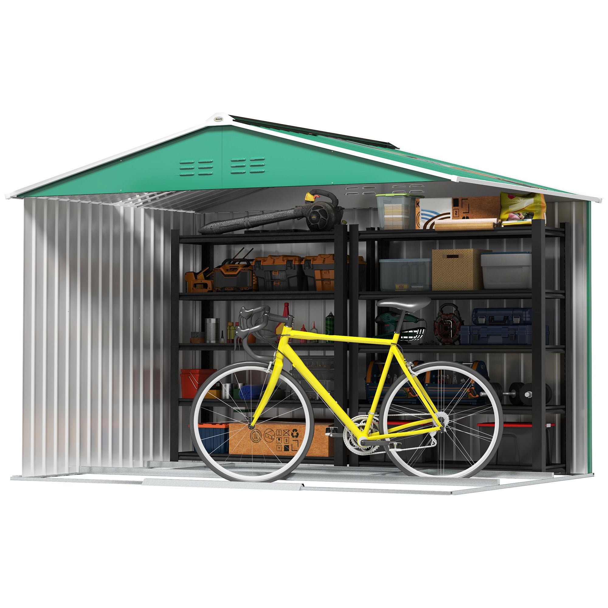 Garden Shed Exterior 4.9 m² 277x195x192 cm Outdoor Garden Storage Shed with Sliding Door Fiberglass Roof Reinforcement Base (Floor NOT Included) and 4 Windows Green