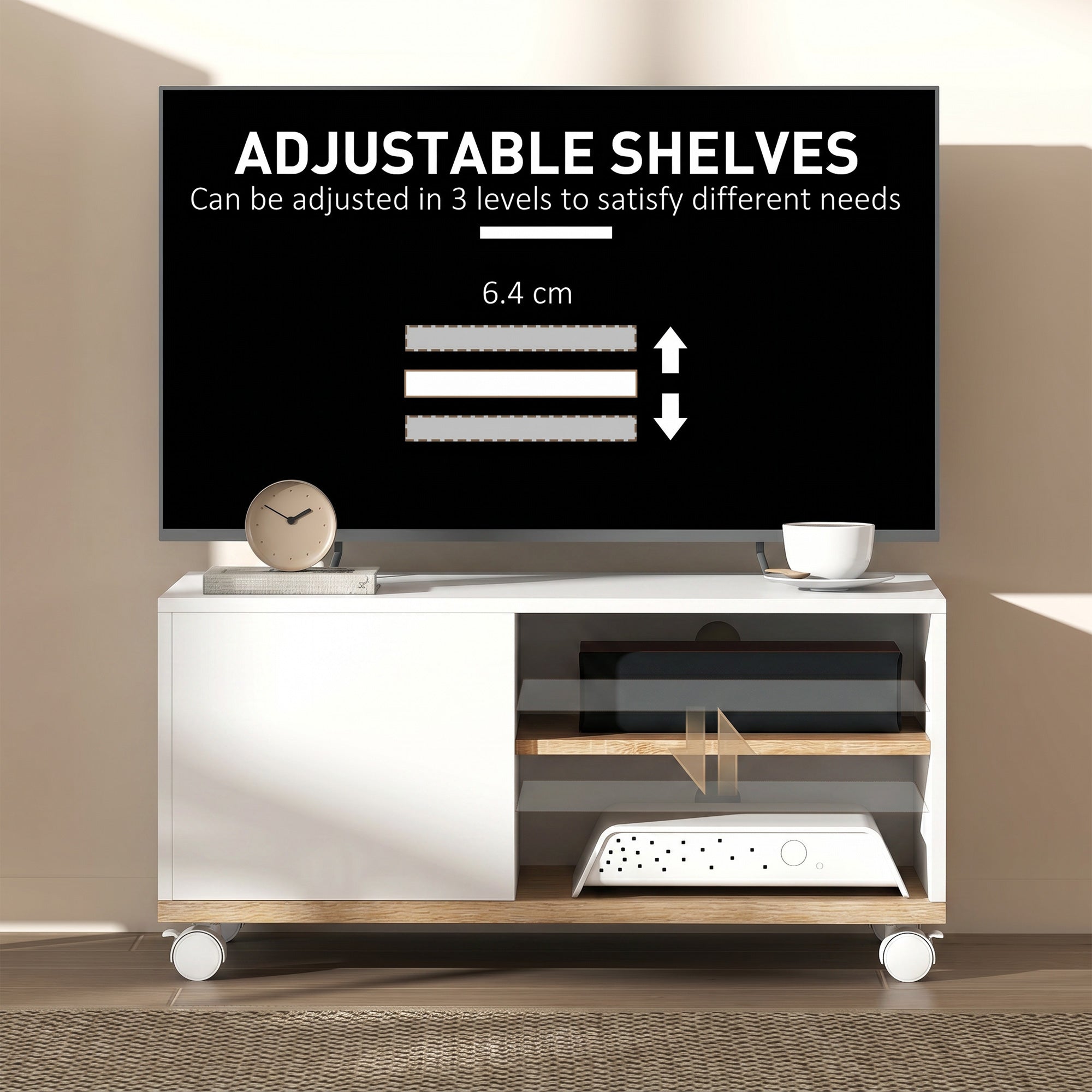 Rolling TV Stand with Cabinet, Cable Management & Adjustable Shelf, Fits TVs up to 32", White & Oak, 31.5 x 17.7 x 16.1 in