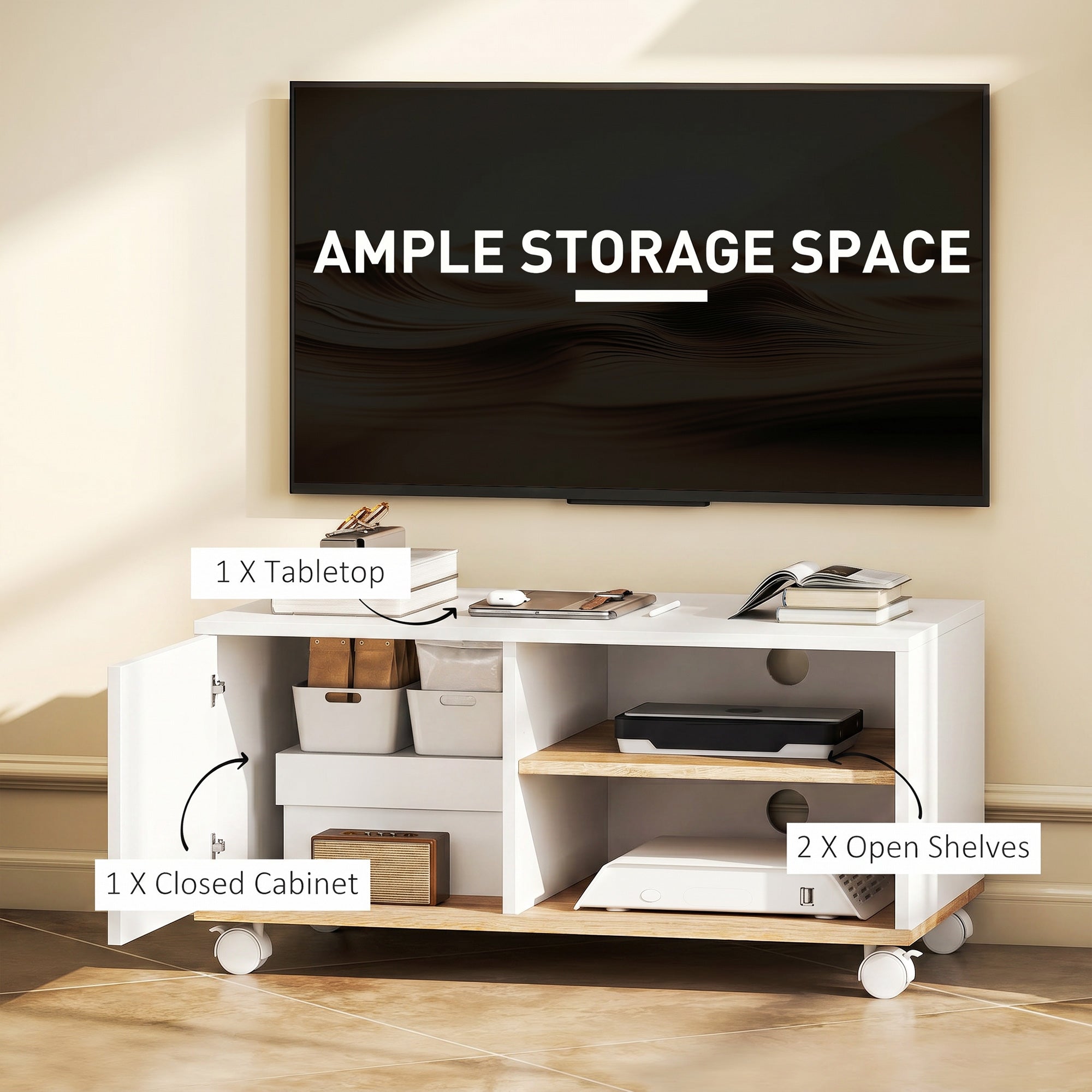 Rolling TV Stand with Cabinet, Cable Management & Adjustable Shelf, Fits TVs up to 32", White & Oak, 31.5 x 17.7 x 16.1 in