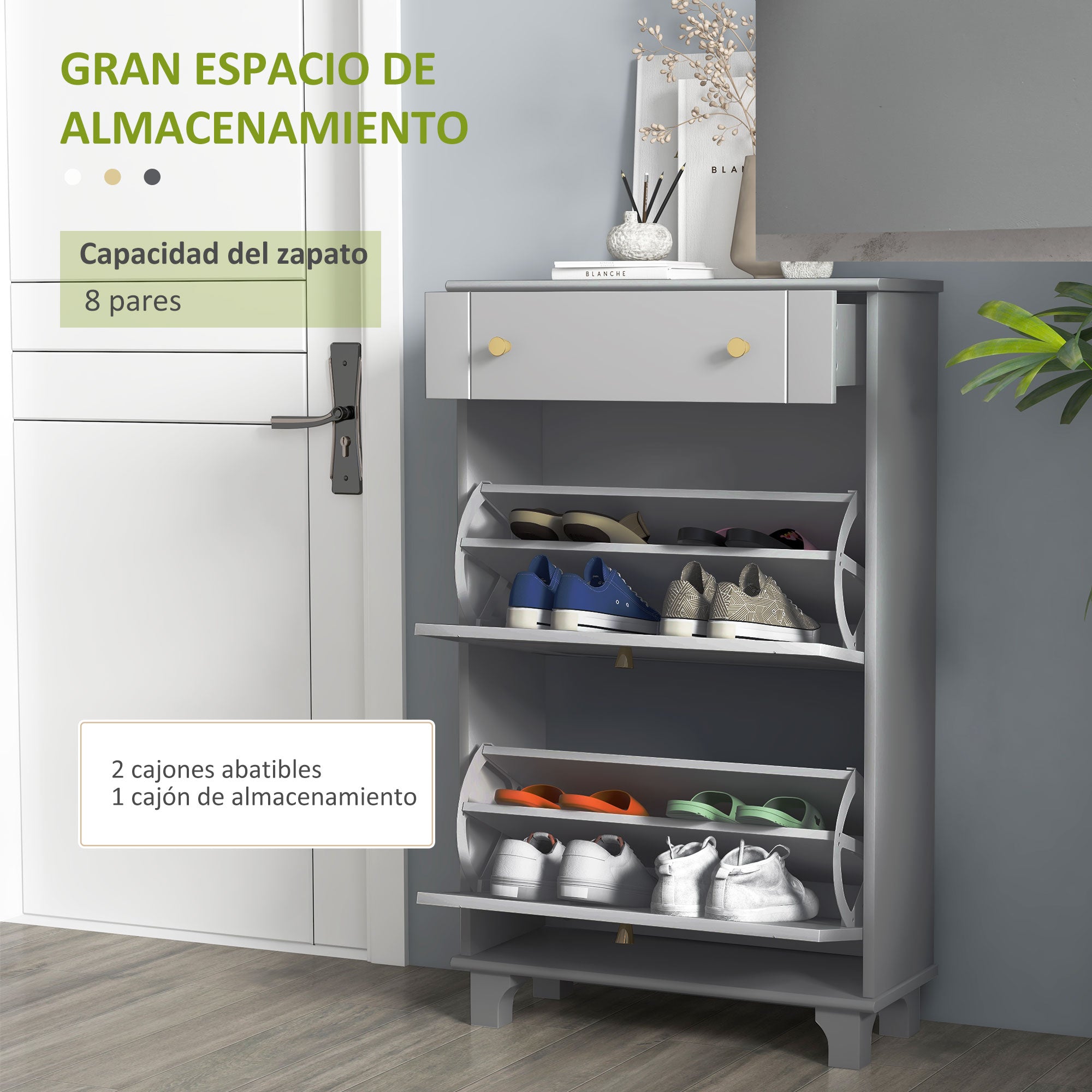 Narrow Shoe Cabinet Entryway Shoe Rack with 2 Flip-Down Drawers and 1 Removable Drawer for 8 Pairs of Shoes for Hallway 60x23.5x98.5 cm Gray