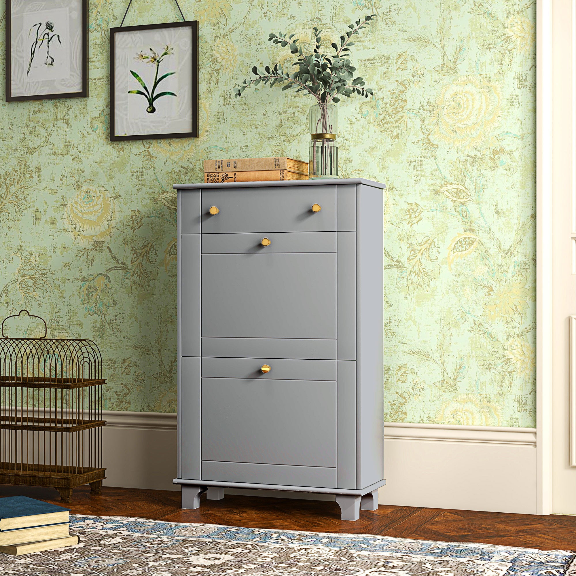 Narrow Shoe Cabinet Entryway Shoe Rack with 2 Flip-Down Drawers and 1 Removable Drawer for 8 Pairs of Shoes for Hallway 60x23.5x98.5 cm Gray