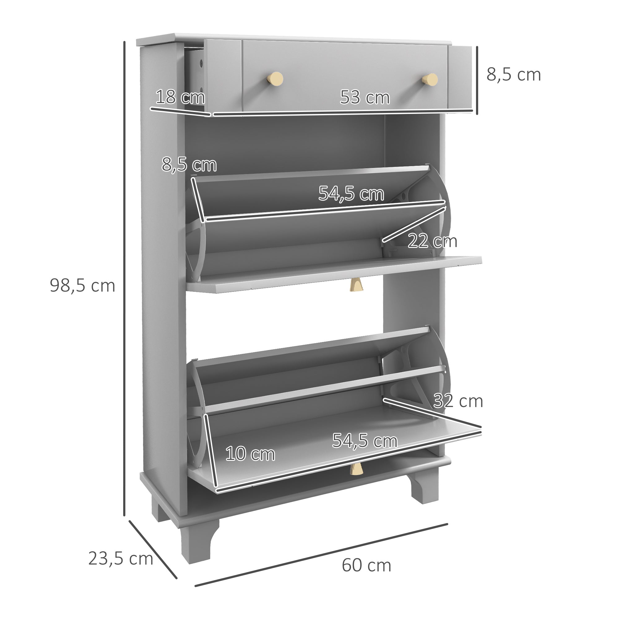 Narrow Shoe Cabinet Entryway Shoe Rack with 2 Flip-Down Drawers and 1 Removable Drawer for 8 Pairs of Shoes for Hallway 60x23.5x98.5 cm Gray