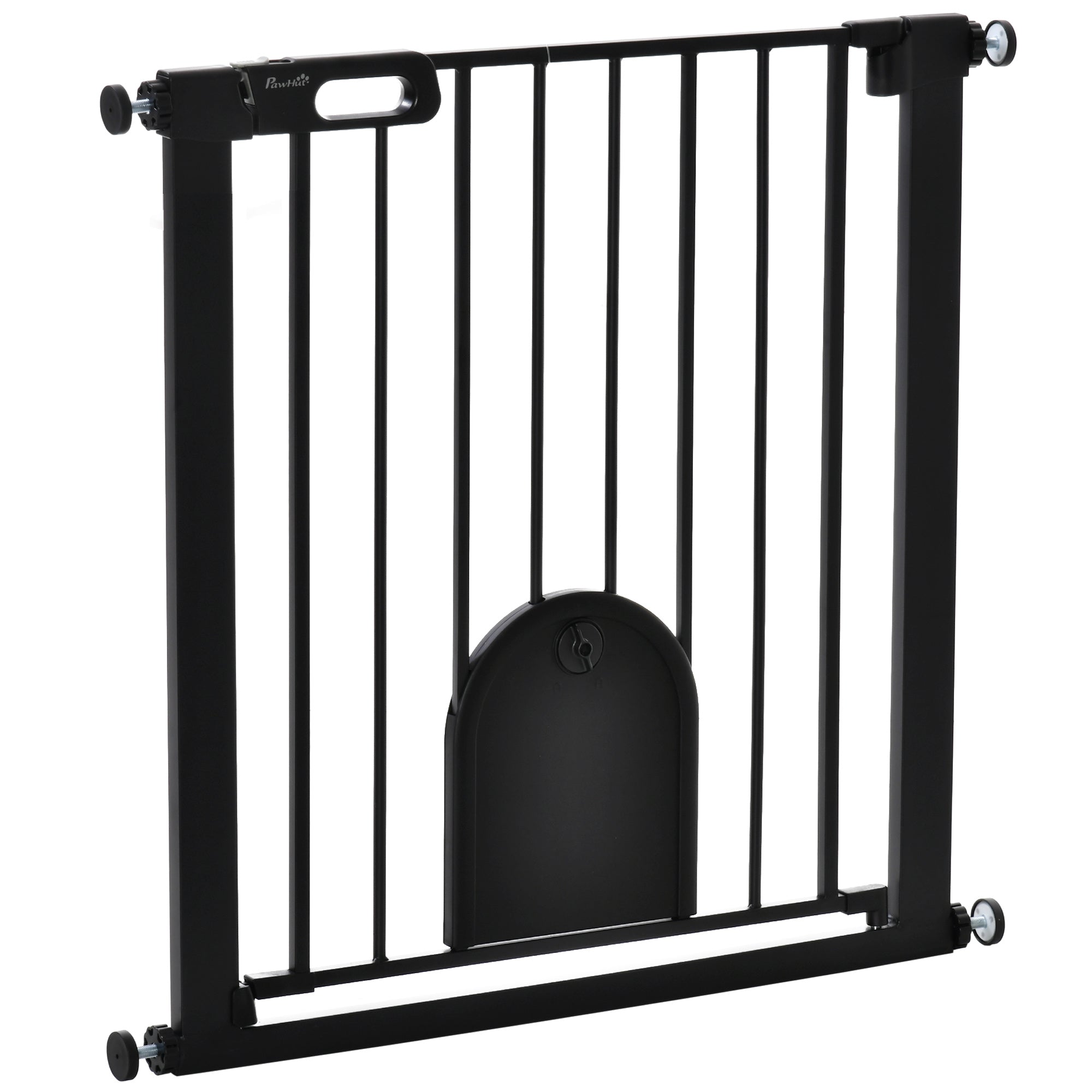 76H cm Pet Safety Barrier for Dogs Cats with Automatic Closing Door Double Locking System Pressure Fixing from 75 to 82 cm Steel and ABS Black