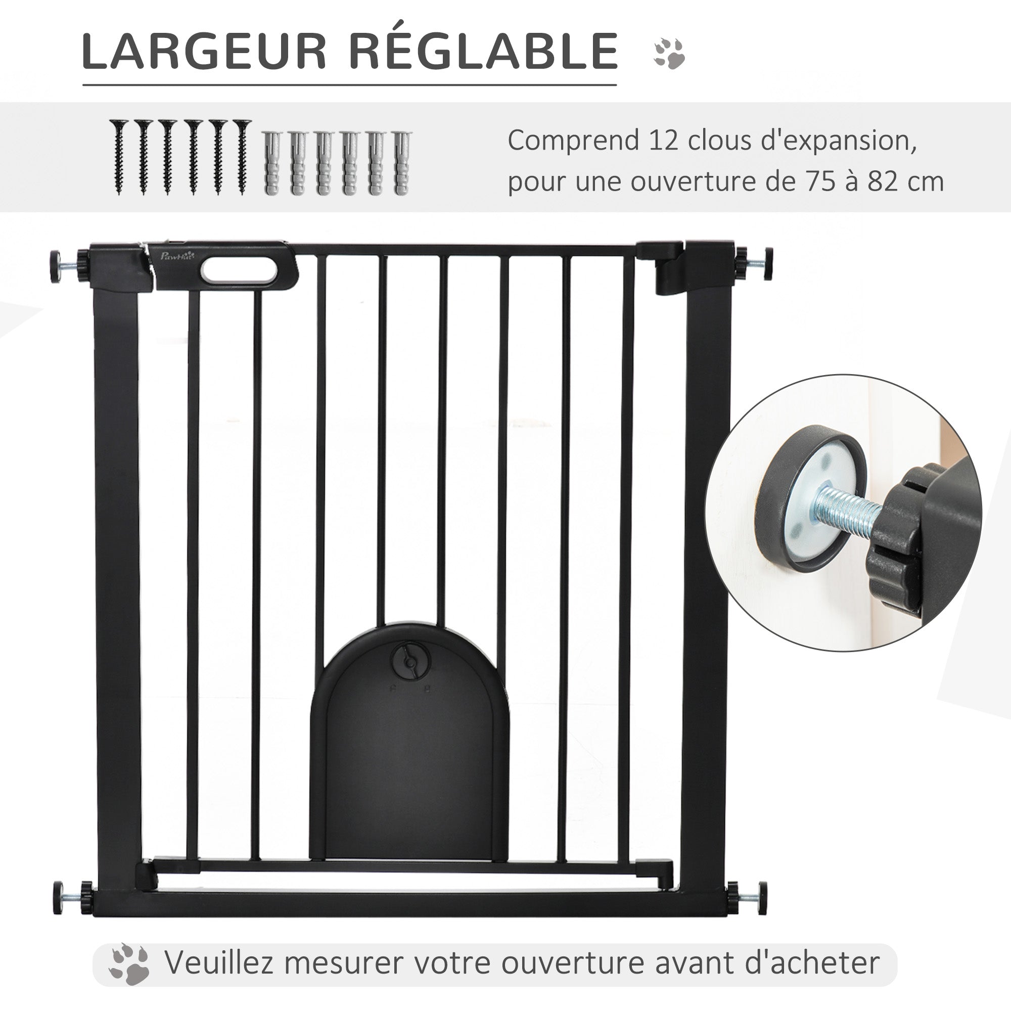 76H cm Pet Safety Barrier for Dogs Cats with Automatic Closing Door Double Locking System Pressure Fixing from 75 to 82 cm Steel and ABS Black