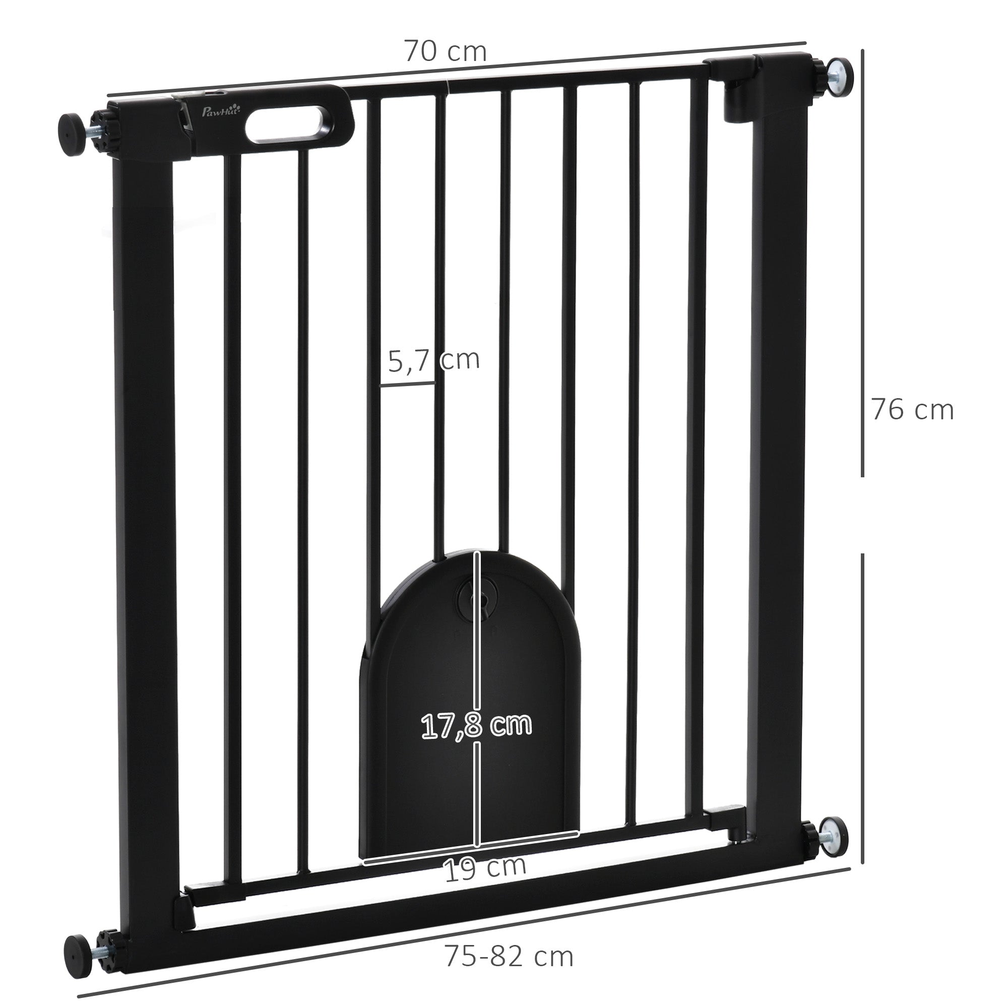 76H cm Pet Safety Barrier for Dogs Cats with Automatic Closing Door Double Locking System Pressure Fixing from 75 to 82 cm Steel and ABS Black