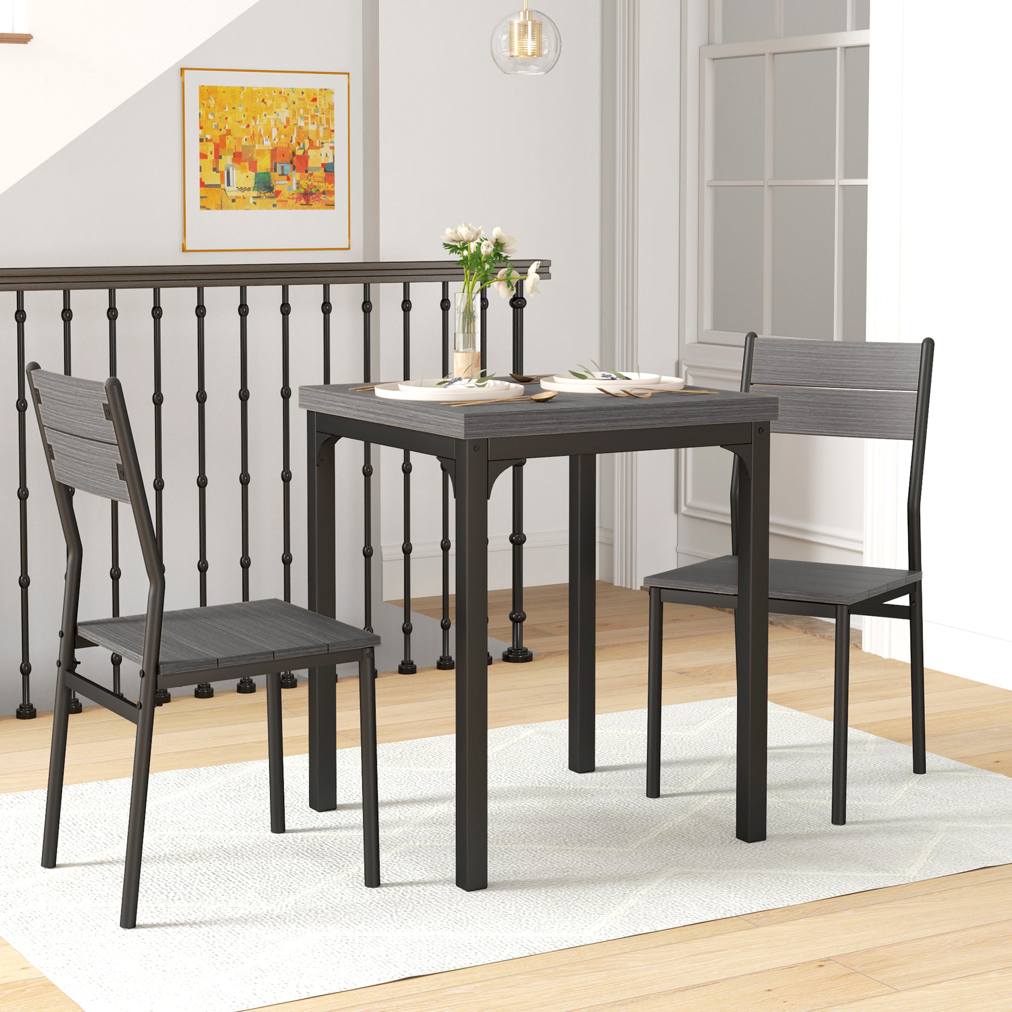 3-Piece Dining Set — Kitchen Table with 2 Chairs, Gray Metal Frame