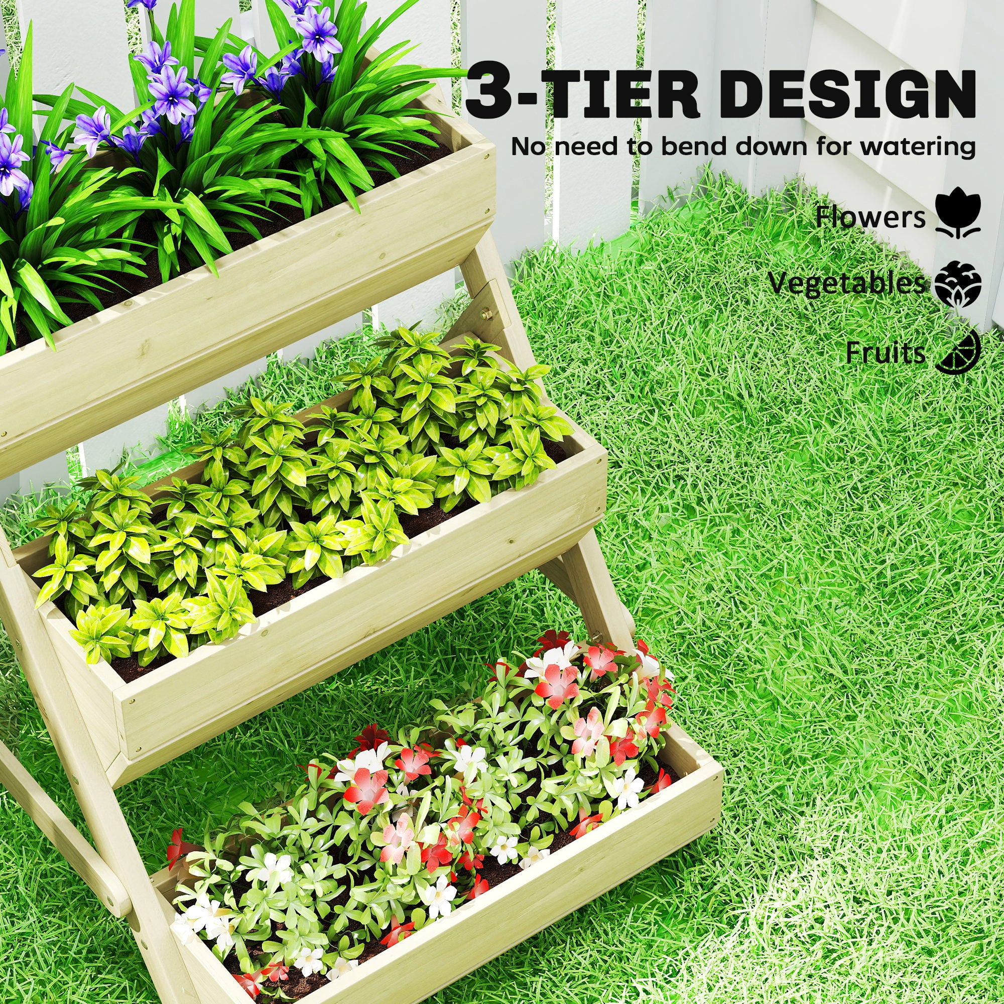 Vertical 3-Tier Wooden Raised Planter Box with 3 Planting Tubs, Drainage Holes – Flower & Herb Staircase for Terrace, Balcony, Garden, 25.6 x 29.5 x 29.9 in, Green