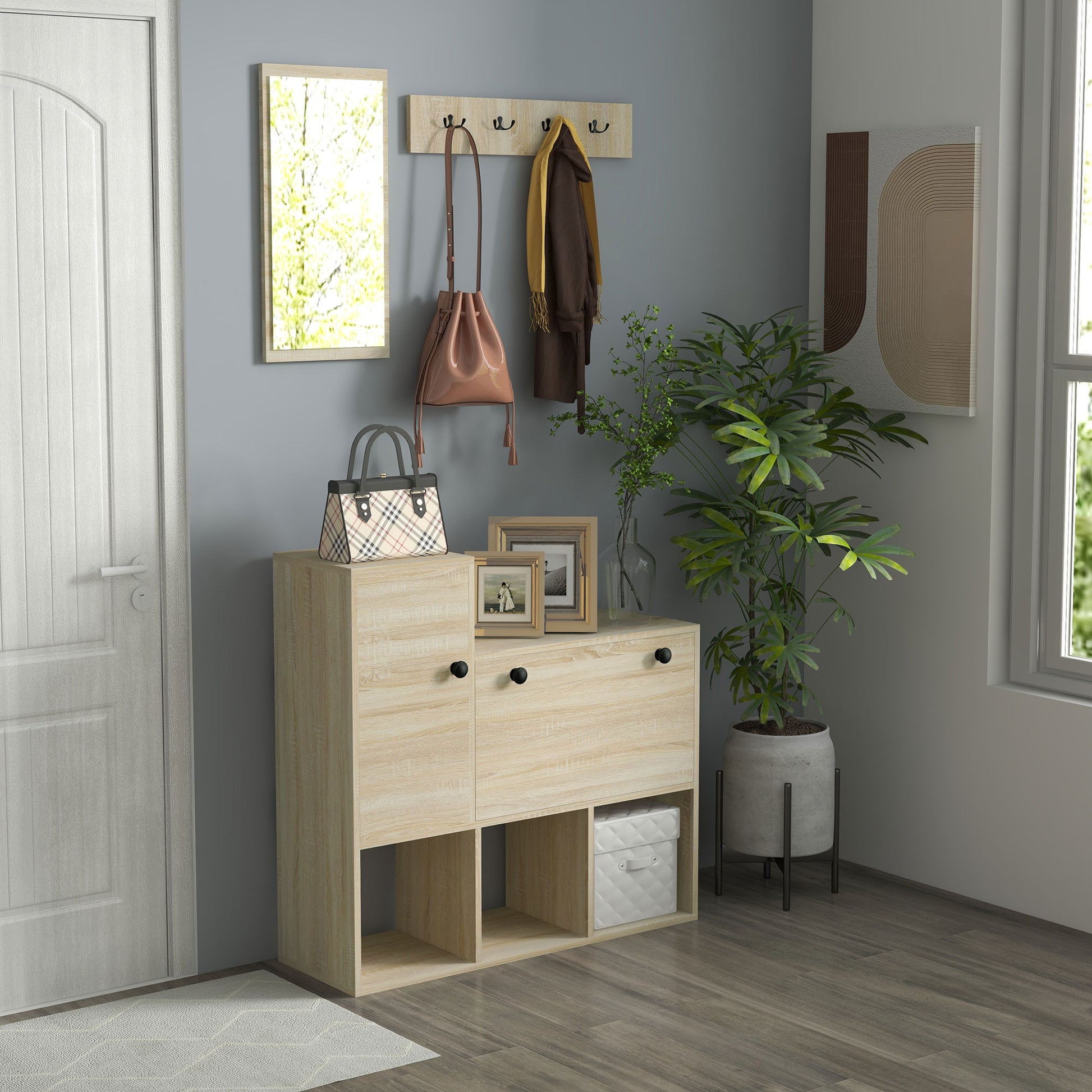 3 in 1 Entryway Furniture with Shoe Rack for 9 Pairs of Shoes, Wall Coat Rack with 4 Hooks, Cupboard, and Mirror in MDF