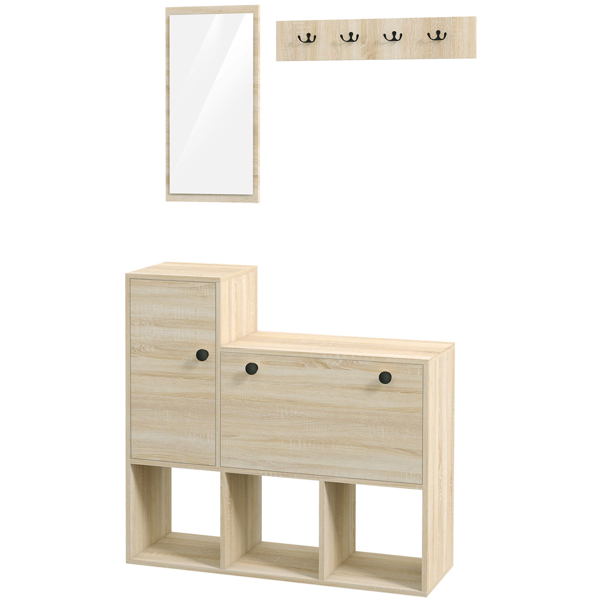3 in 1 Entryway Furniture with Shoe Rack for 9 Pairs of Shoes, Wall Coat Rack with 4 Hooks, Cupboard, and Mirror in MDF