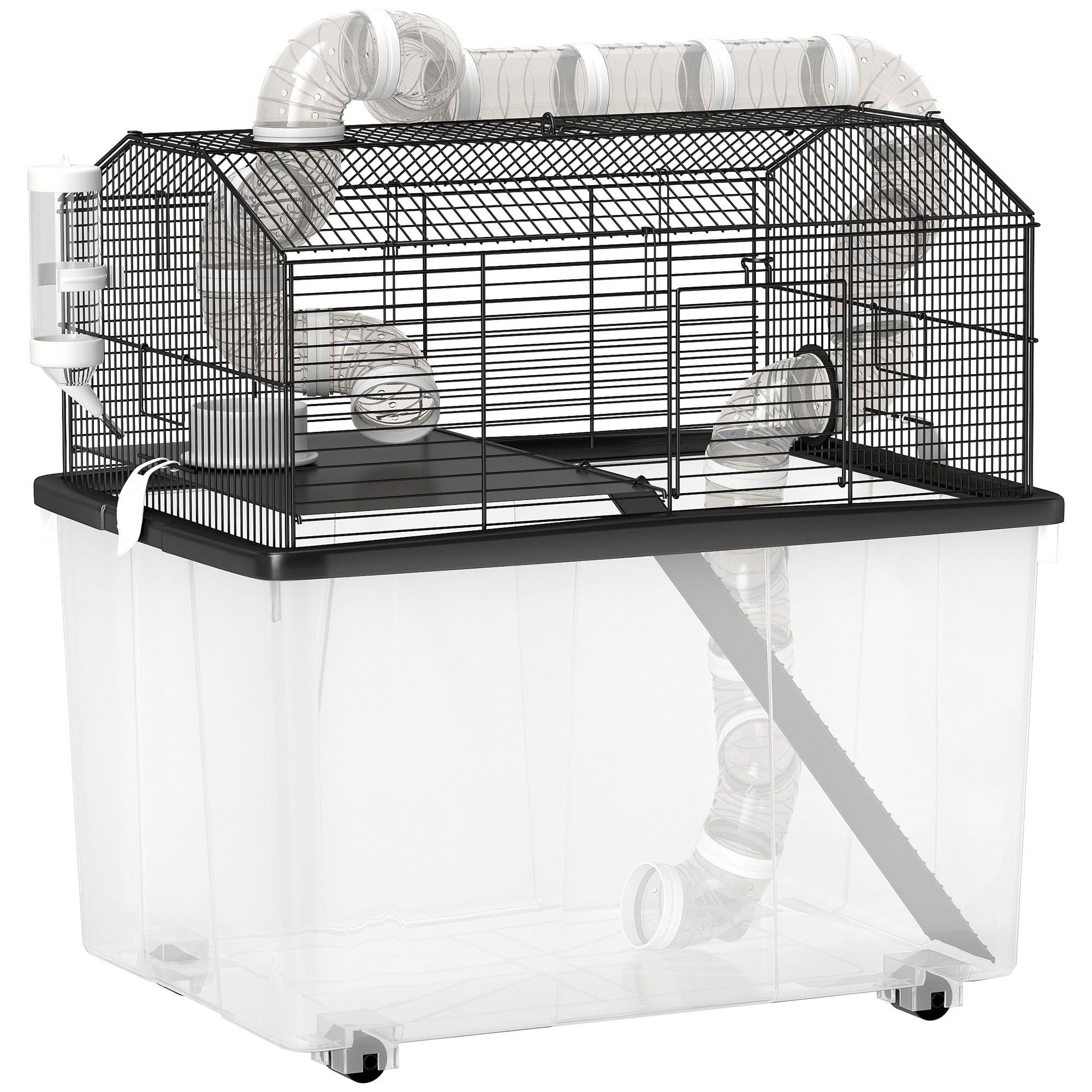Hamster Cage, Hamster Cage with Ramp, Bowl, Water Bottle, Tube System, 58 x 43 x 57 cm, Black