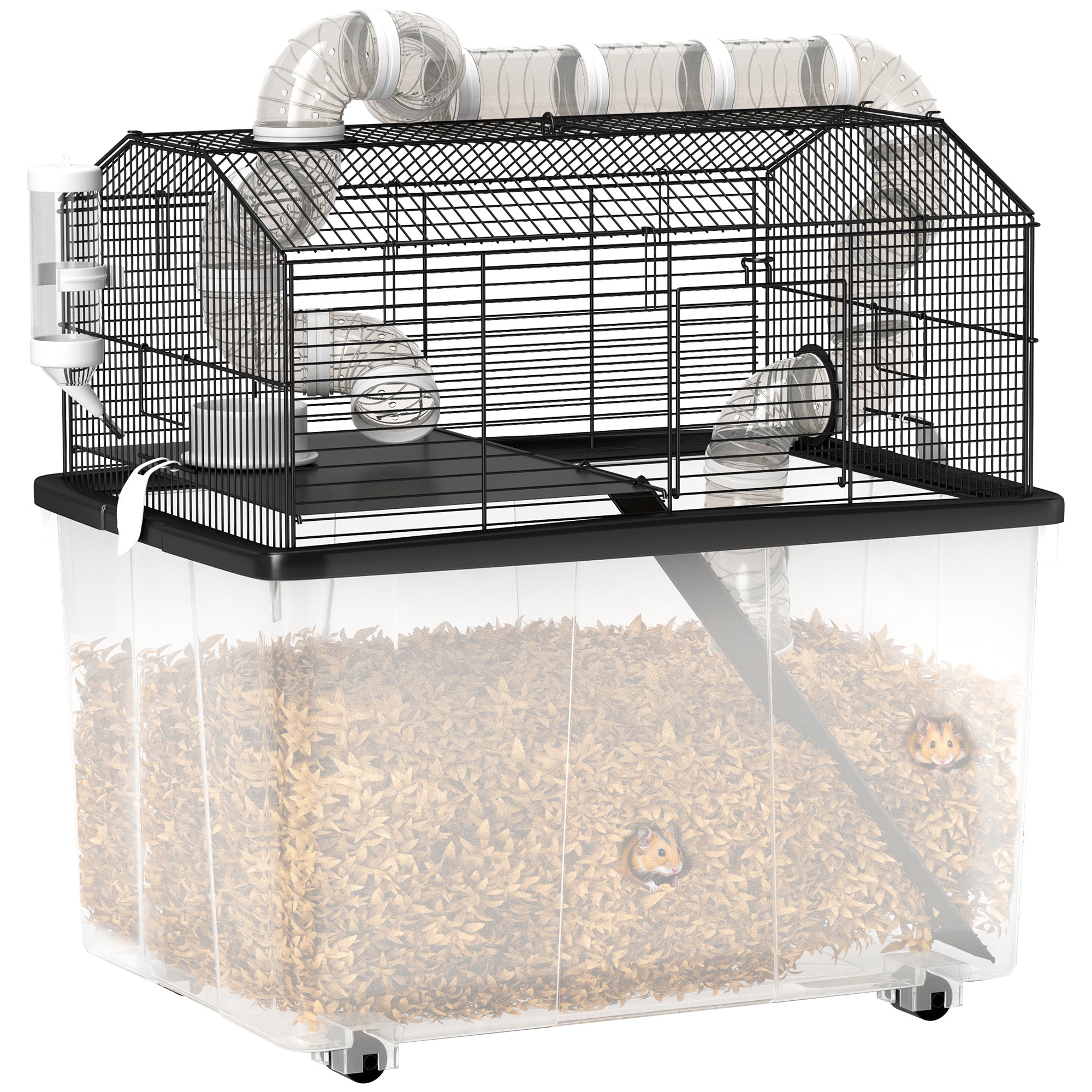 Hamster Cage, Hamster Cage with Ramp, Bowl, Water Bottle, Tube System, 58 x 43 x 57 cm, Black