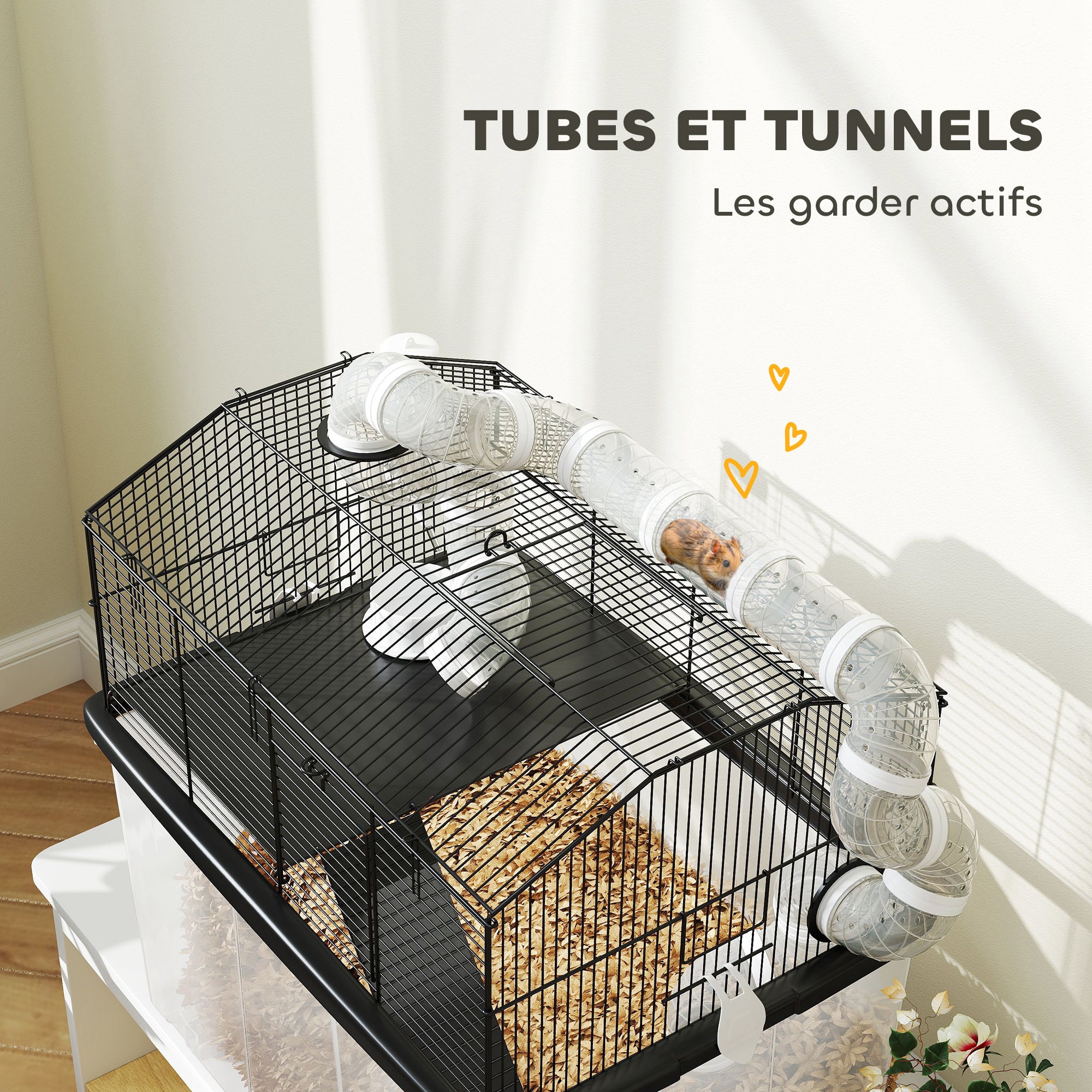 Hamster Cage, Hamster Cage with Ramp, Bowl, Water Bottle, Tube System, 58 x 43 x 57 cm, Black