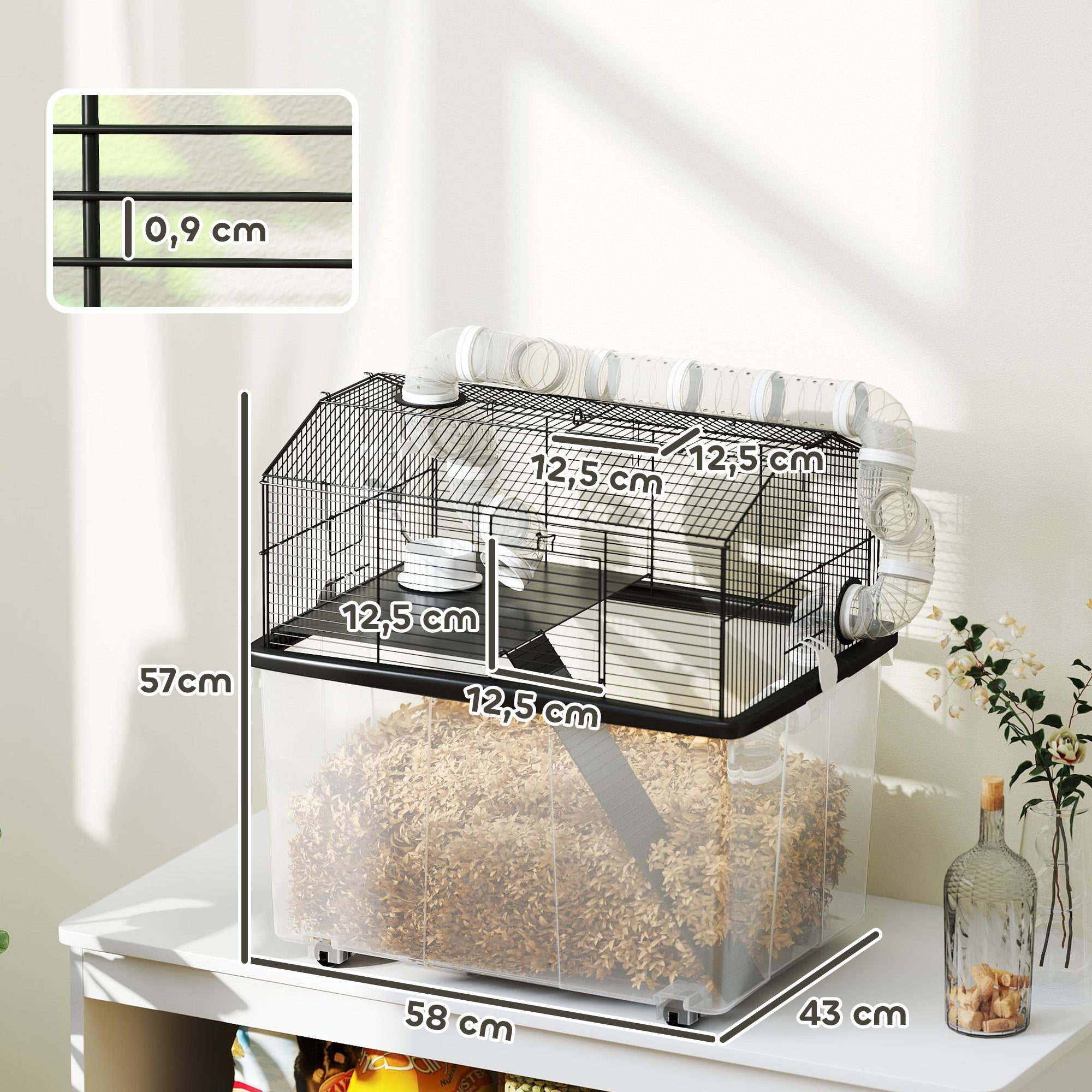 Hamster Cage, Hamster Cage with Ramp, Bowl, Water Bottle, Tube System, 58 x 43 x 57 cm, Black