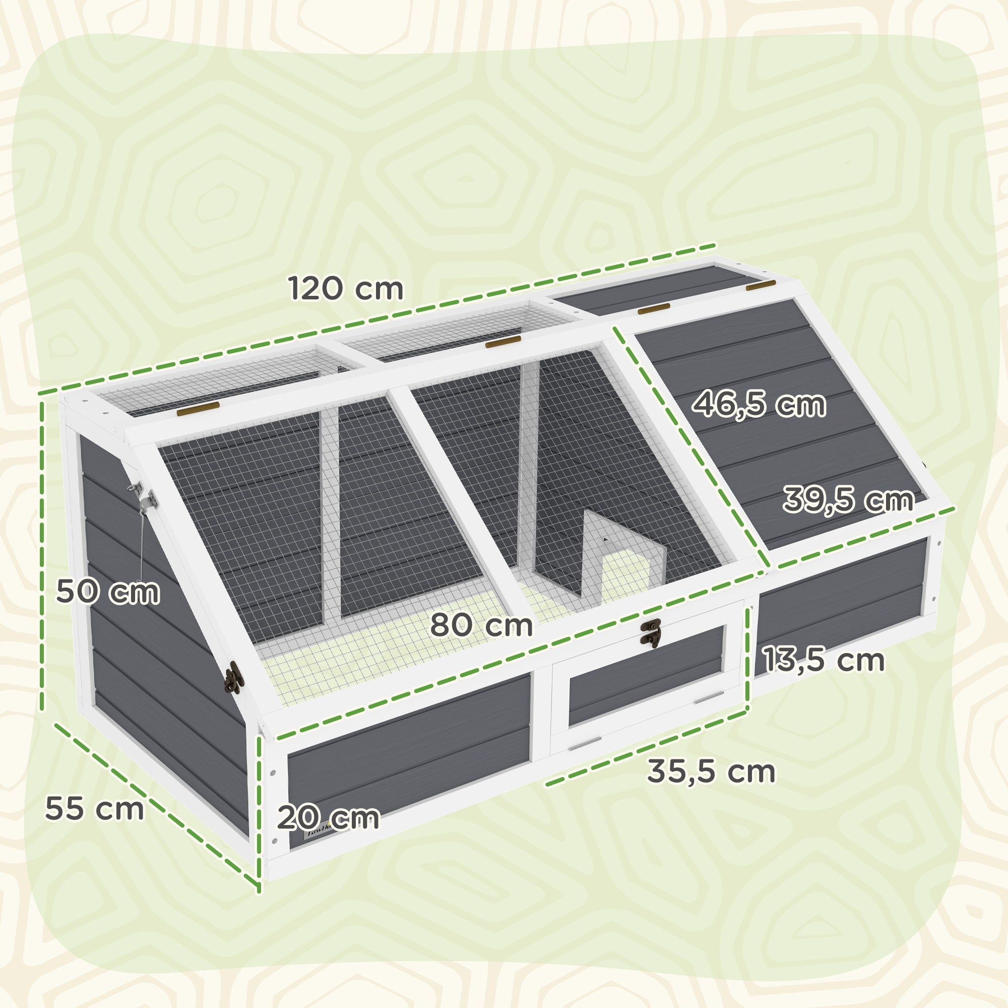 Wooden Turtle House, Turtle Enclosure with Two Main Houses, Flip-Top Upper Side, Lock, Outdoor Reptile Cage for Small Animals, Rabbits 120 x 55 x 50 cm, Light Gray