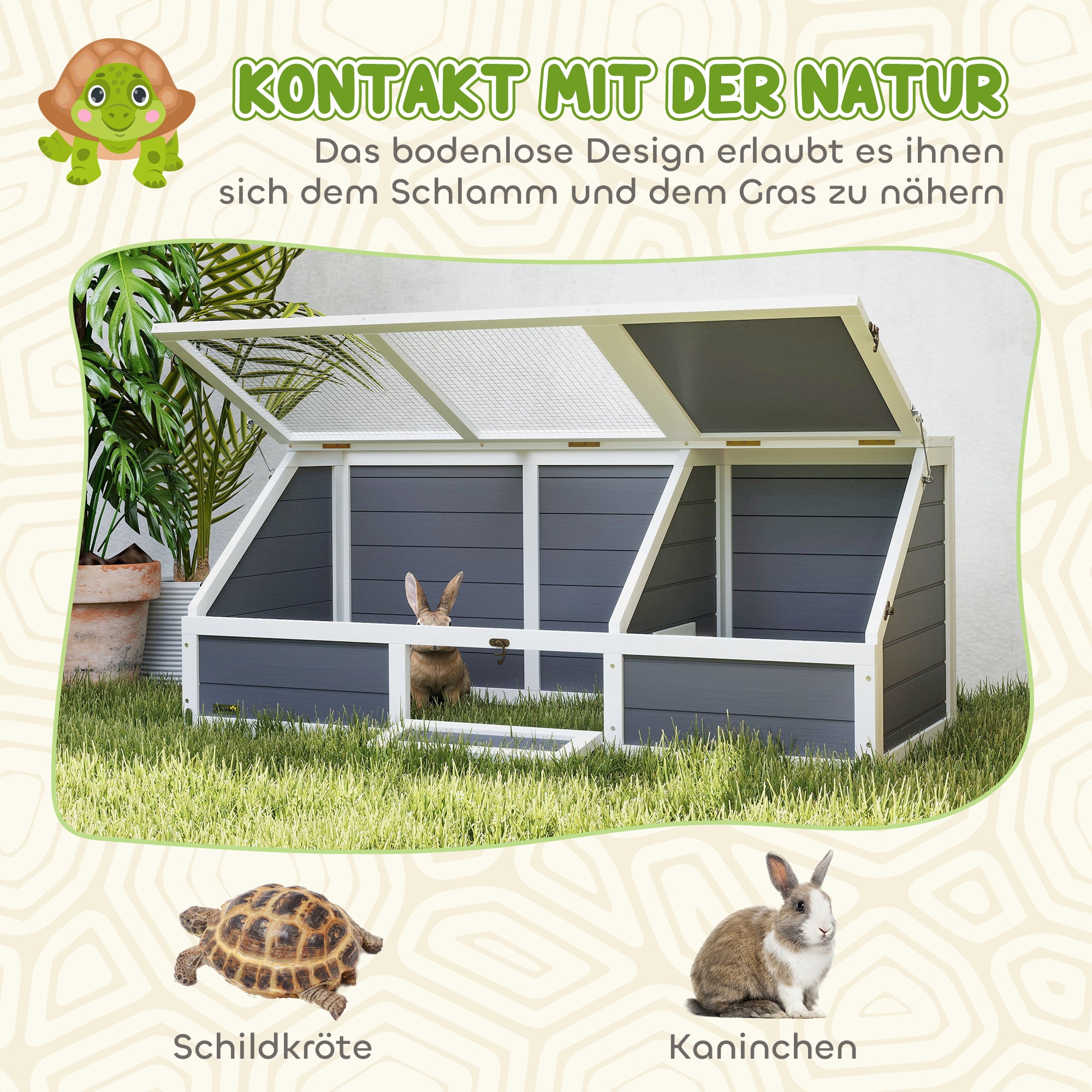 Wooden Turtle House, Turtle Enclosure with Two Main Houses, Flip-Top Upper Side, Lock, Outdoor Reptile Cage for Small Animals, Rabbits 120 x 55 x 50 cm, Light Gray