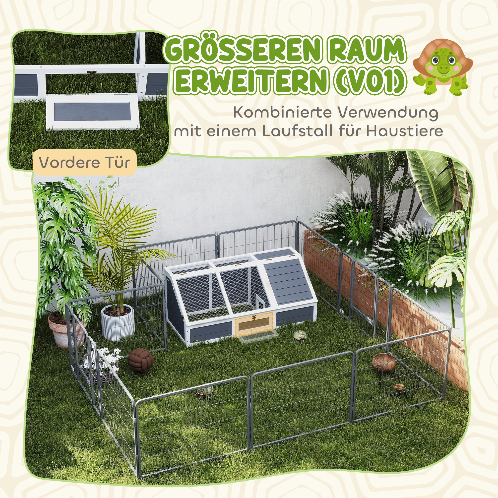 Wooden Turtle House, Turtle Enclosure with Two Main Houses, Flip-Top Upper Side, Lock, Outdoor Reptile Cage for Small Animals, Rabbits 120 x 55 x 50 cm, Light Gray