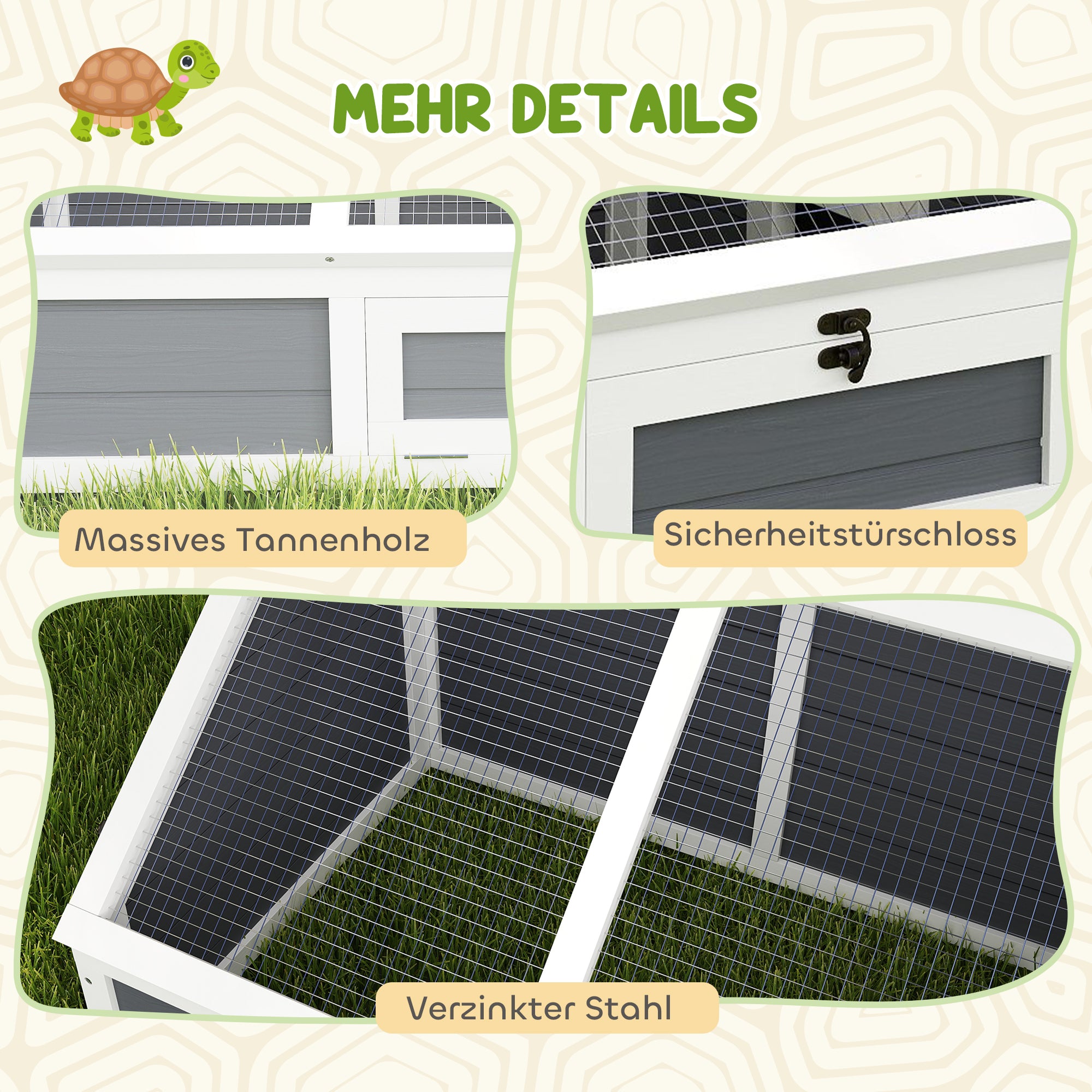 Wooden Turtle House, Turtle Enclosure with Two Main Houses, Flip-Top Upper Side, Lock, Outdoor Reptile Cage for Small Animals, Rabbits 120 x 55 x 50 cm, Light Gray