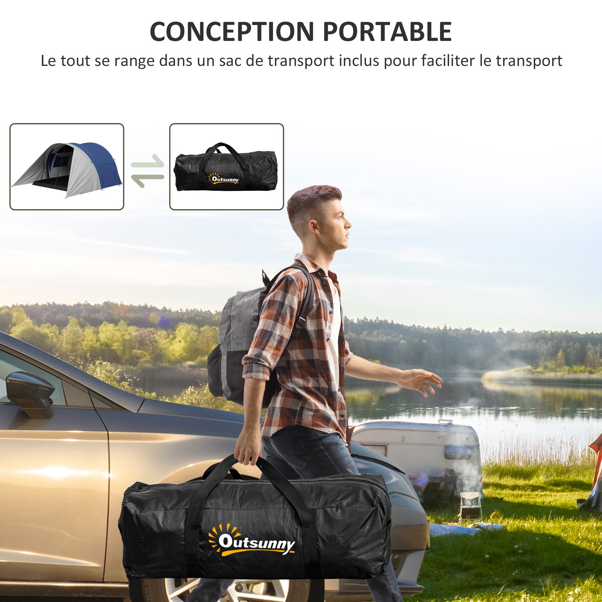 Family Camping Tent for 3-4 People with Double Roof 3000 mm and Carry Bag, Waterproof Ventilated Lightweight Tunnel Tent, dim. 390L x 315W x 188H cm