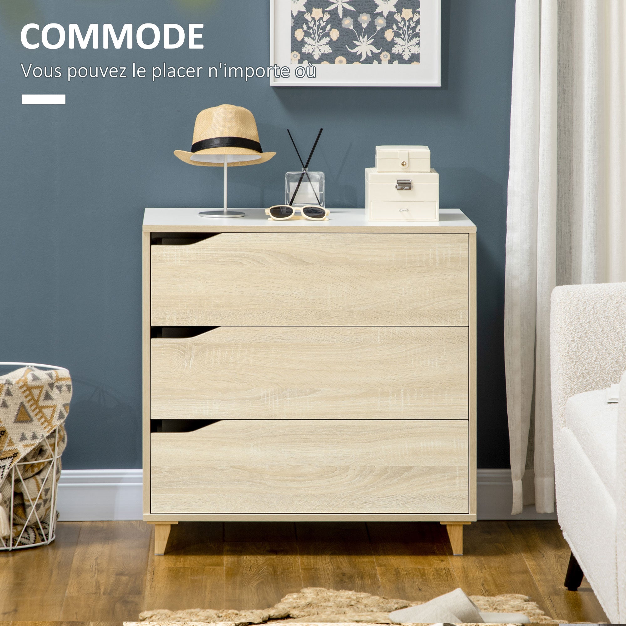 Chest of Drawers with 3 Drawers Two-Tone White and Wood Grain Storage Unit - 75 x 42 x 75 cm