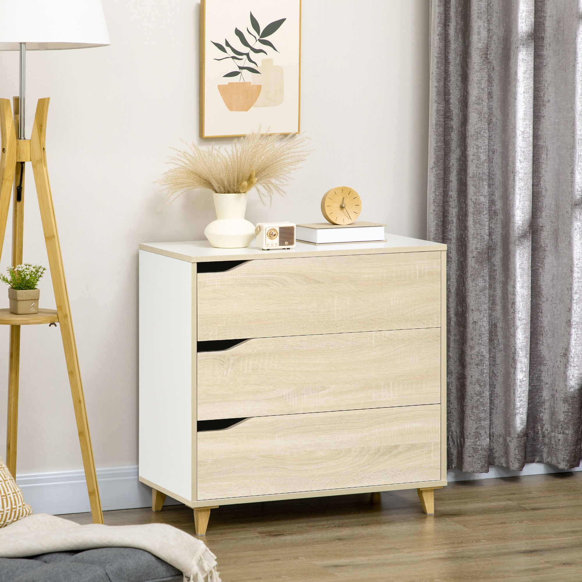 Chest of Drawers with 3 Drawers Two-Tone White and Wood Grain Storage Unit - 75 x 42 x 75 cm