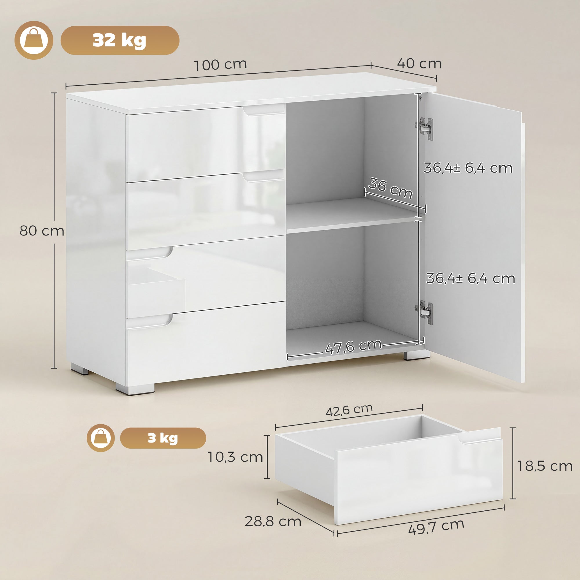 High-Gloss Sideboard — Modern Buffet Cabinet with 4 Drawers & Adjustable Shelf, Soft-Close, White