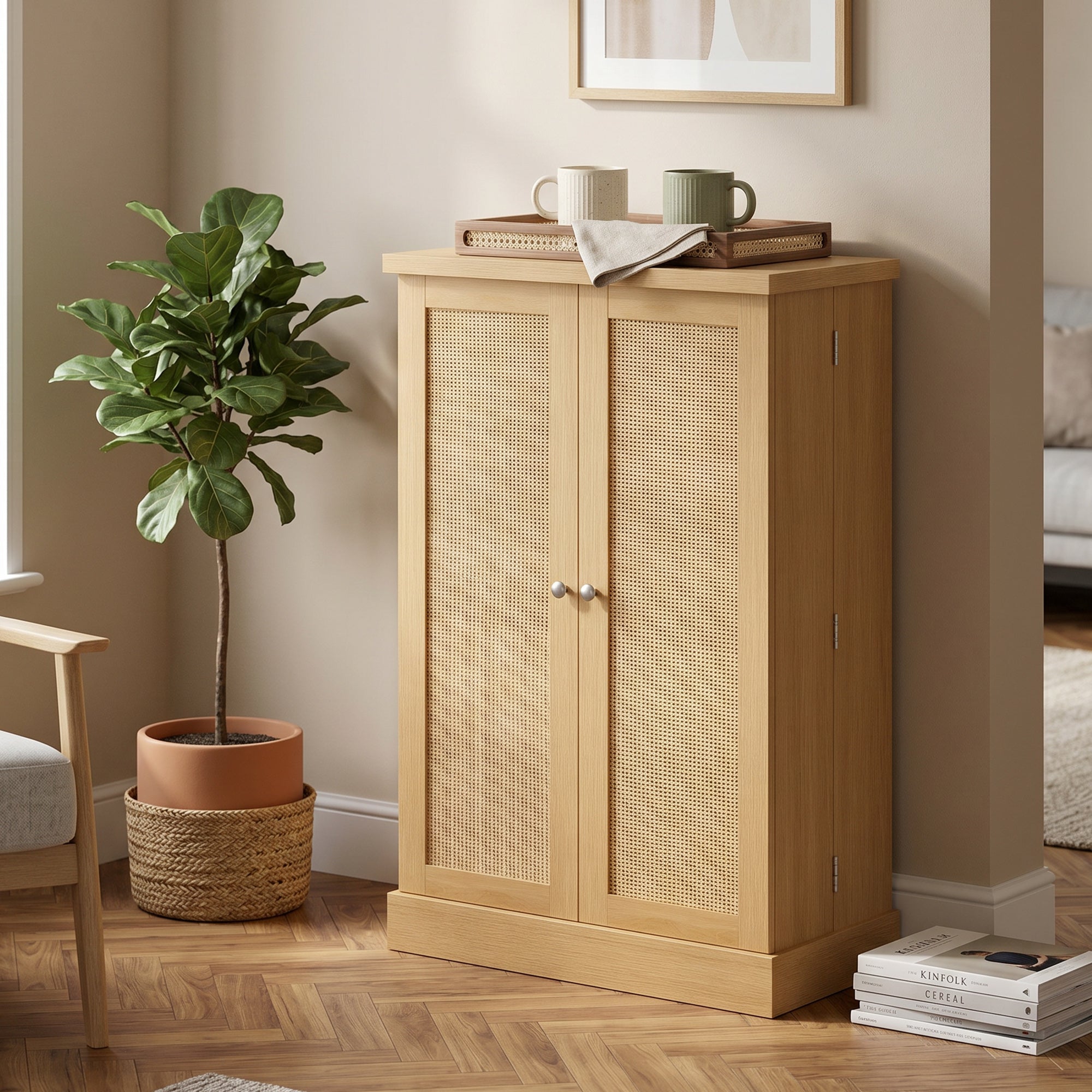 40.9" Kitchen Pantry Cabinet – Rattan Doors, 5-Tier Shelving, 12 Spice Slots & Adjustable Shelves, Natural
