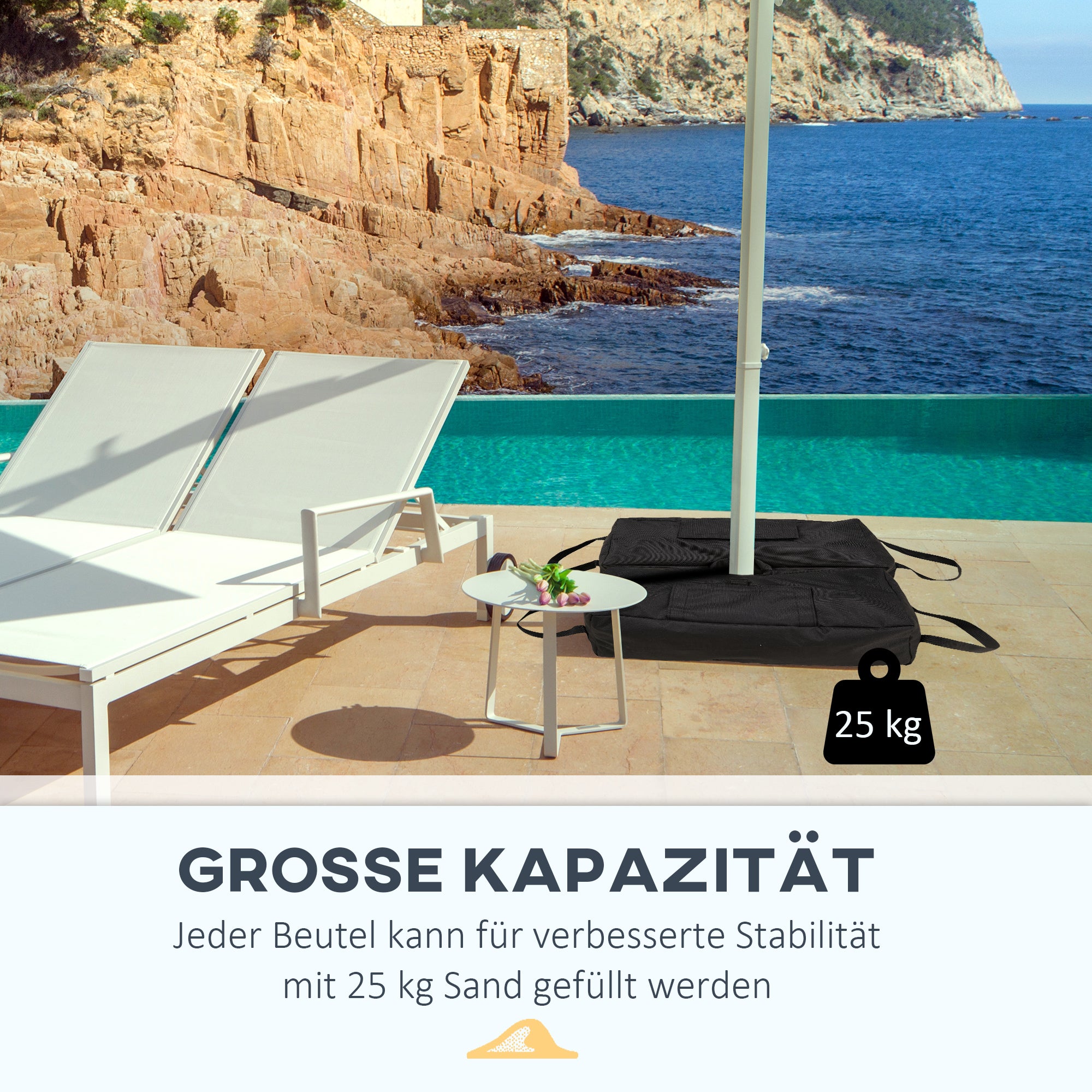 Sun Umbrella Stand Umbrella Stand Sandbag Market Umbrella Stand 2 x Bags Fillable 50 kg with Shovel Polyester + Plastic Black 50 x 25 x 18 cm