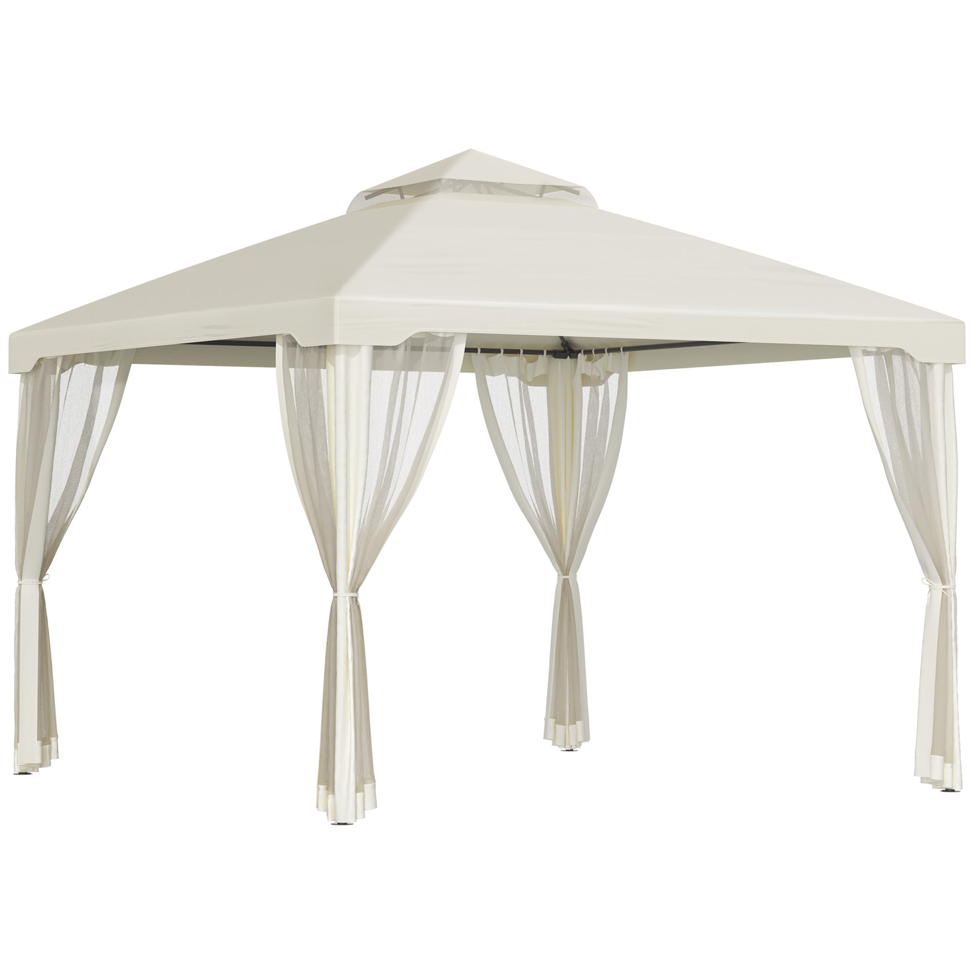 Gazebo with Double Roof, approx. 3x3m Waterproof Stable Winterproof Garden Gazebo with Mosquito Net, Side Panels, Metal Garden Gazebo, for Garden, Terrace, Cream