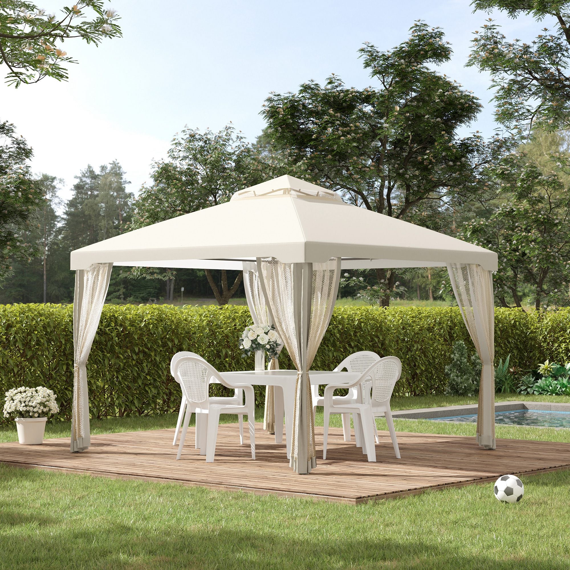 Gazebo with Double Roof, approx. 3x3m Waterproof Stable Winterproof Garden Gazebo with Mosquito Net, Side Panels, Metal Garden Gazebo, for Garden, Terrace, Cream