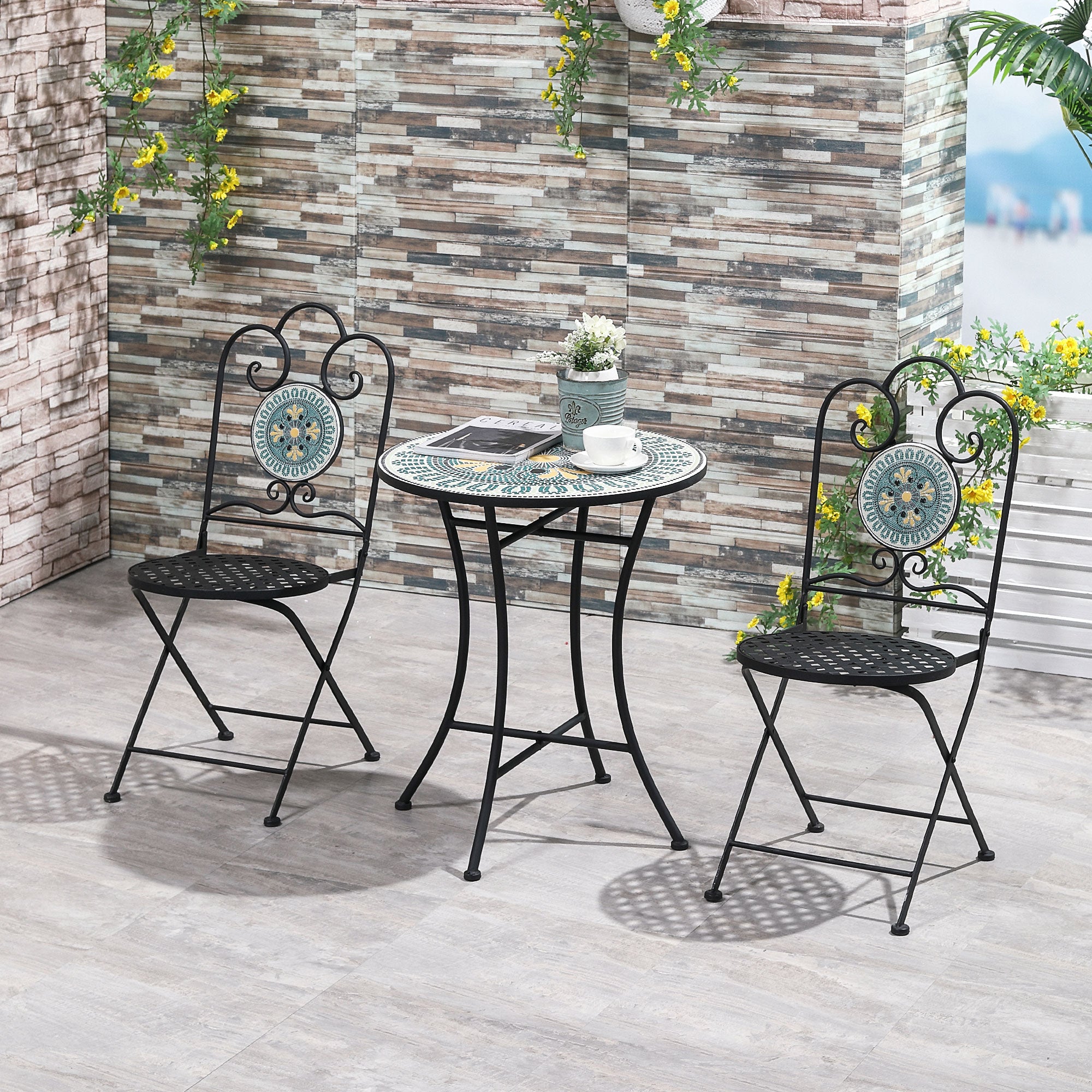 3-Piece Garden Set with Mosaic, Round Outdoor Table with 2 Folding Metal Chairs, Green