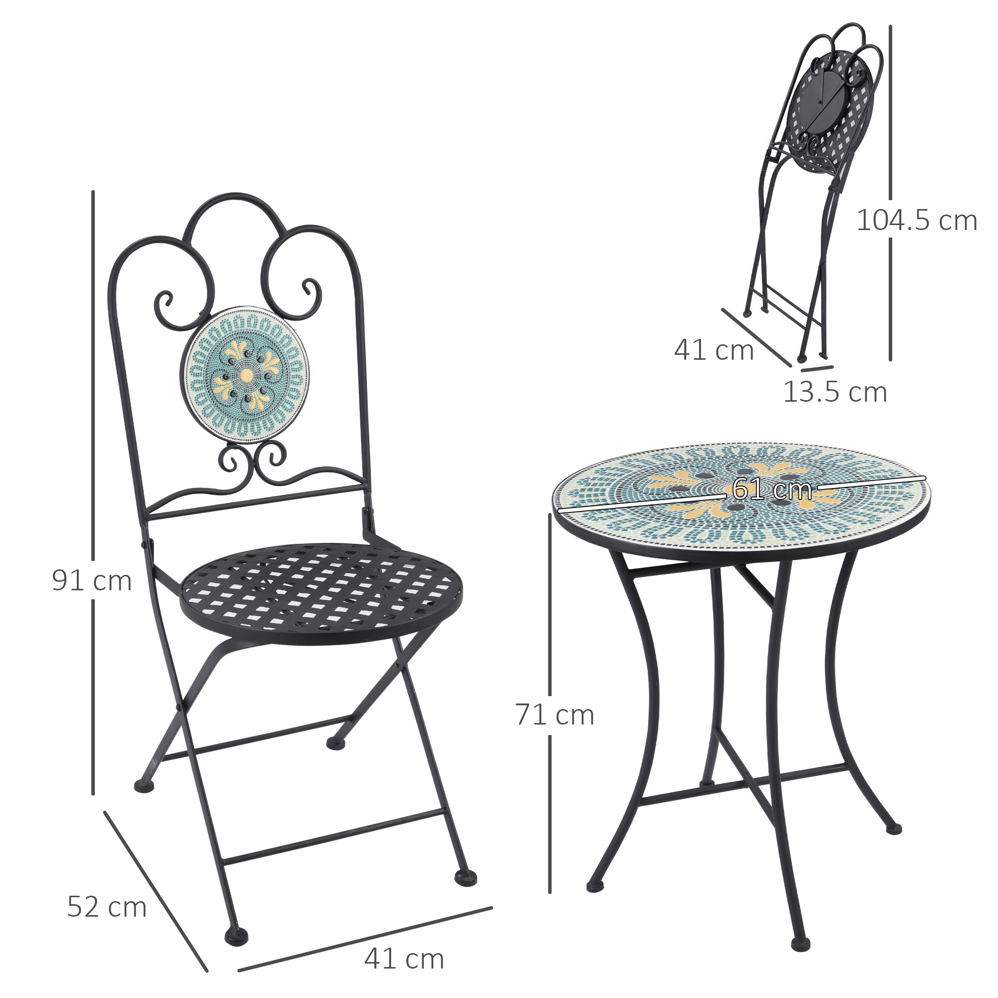 3-Piece Garden Set with Mosaic, Round Outdoor Table with 2 Folding Metal Chairs, Green