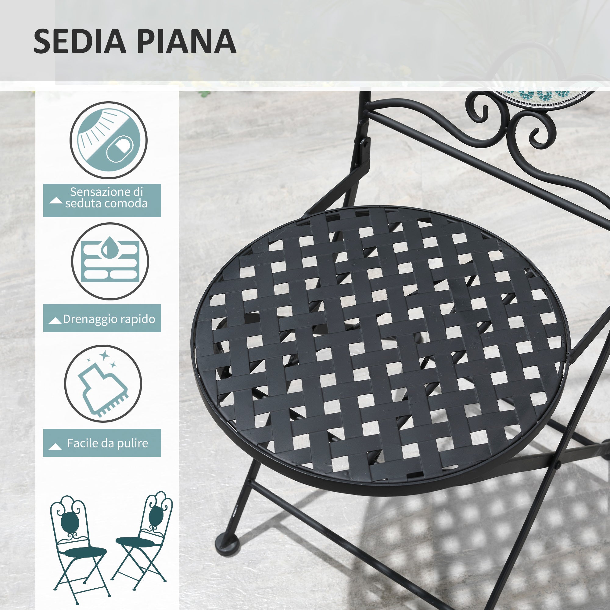 3-Piece Garden Set with Mosaic, Round Outdoor Table with 2 Folding Metal Chairs, Green