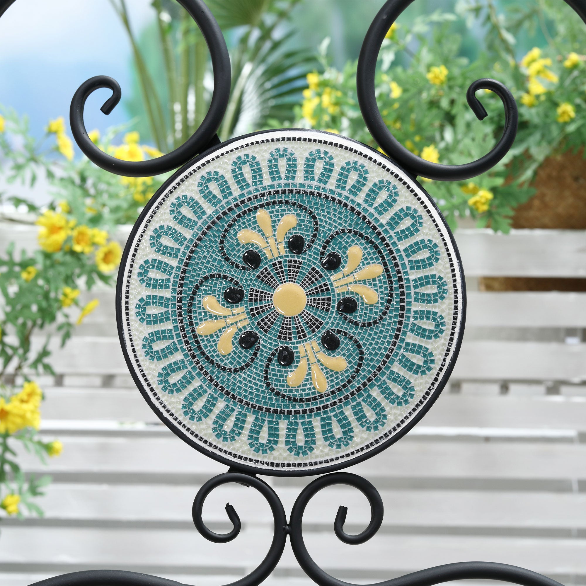 3-Piece Garden Set with Mosaic, Round Outdoor Table with 2 Folding Metal Chairs, Green