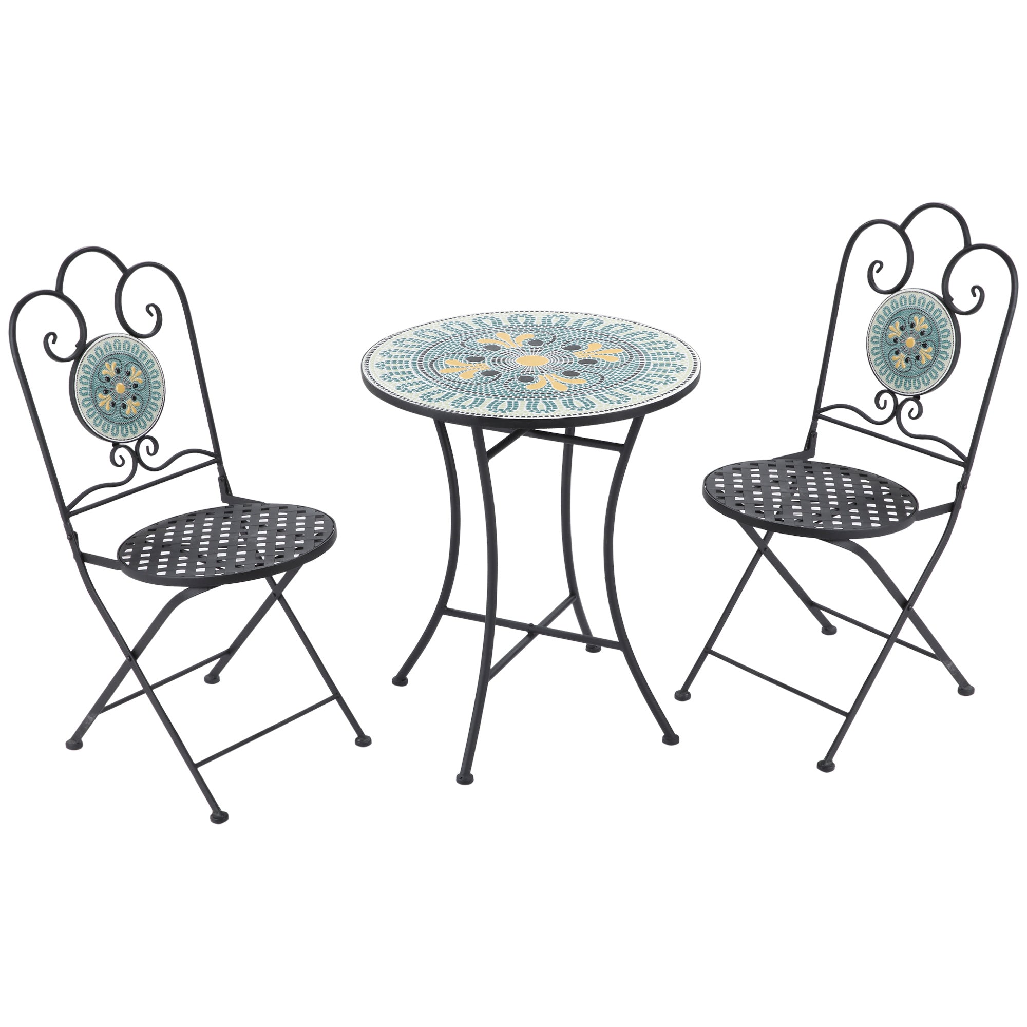 3-Piece Garden Set with Mosaic, Round Outdoor Table with 2 Folding Metal Chairs, Green