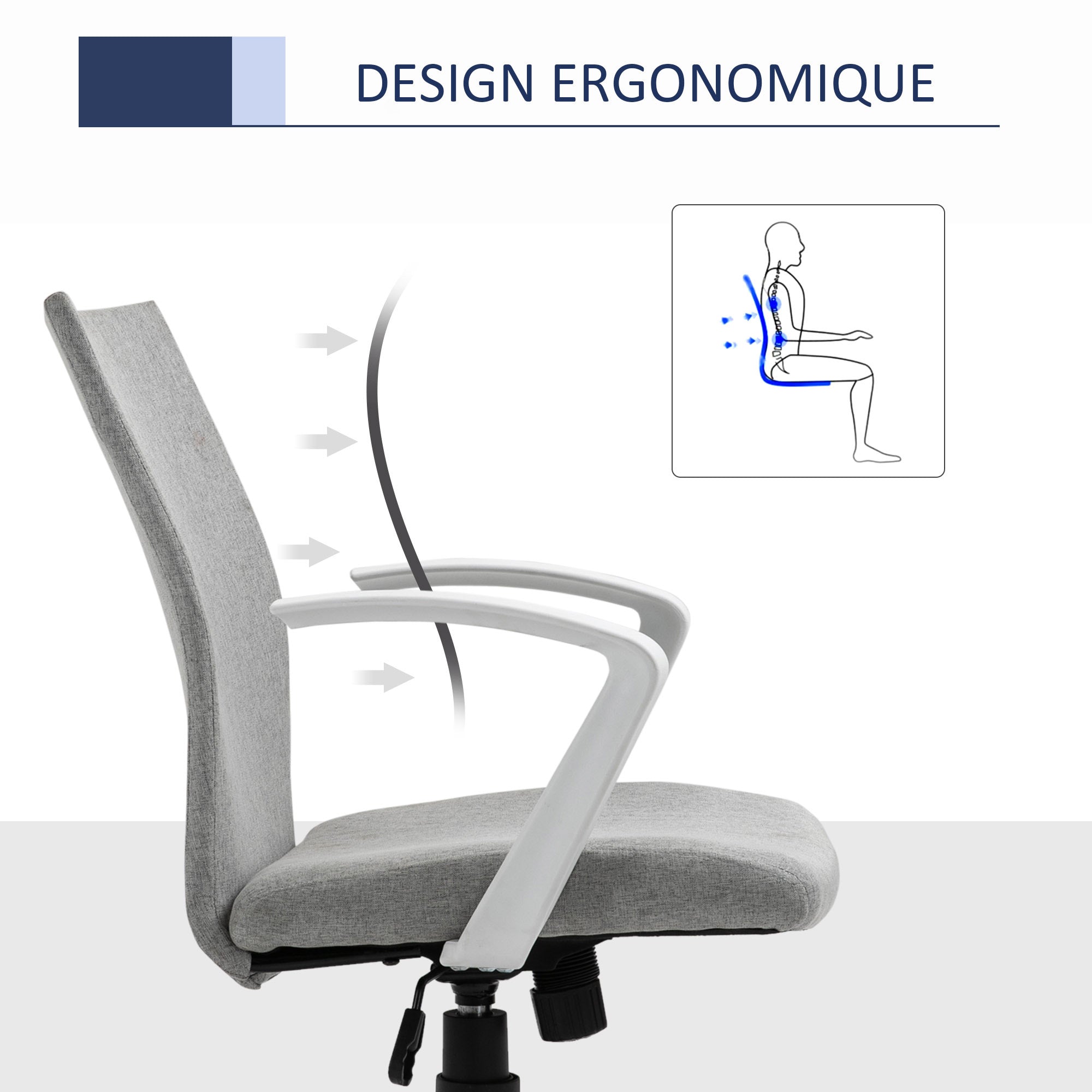 Office Chair with Adjustable Height, Rocking Function, Swivel Office Chair with 120 Kg Weight Capacity, 61 x 61 x 99 cm Light Gray and White